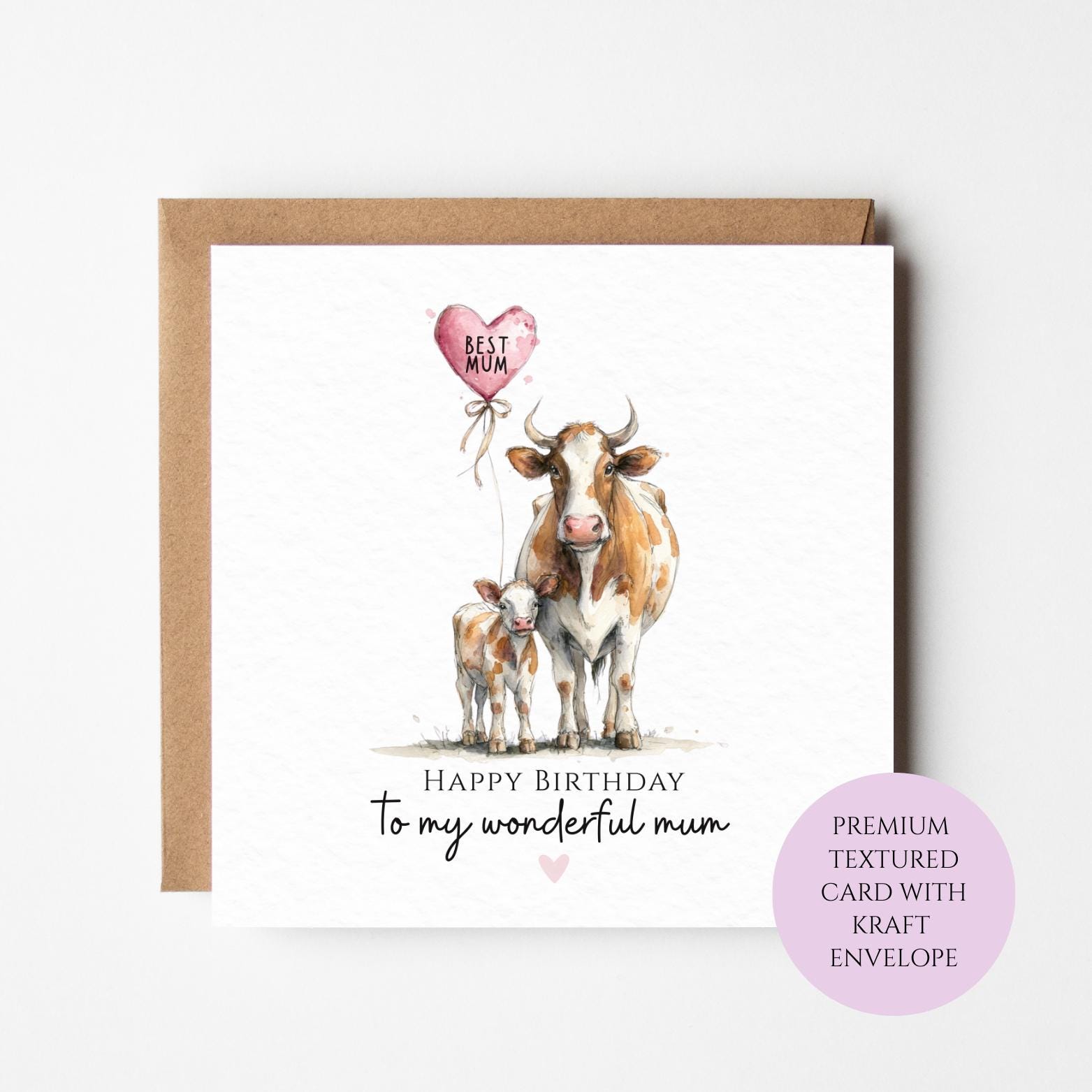 Cow and Calf Watercolour Birthday Card for Mum – Animal Love Design