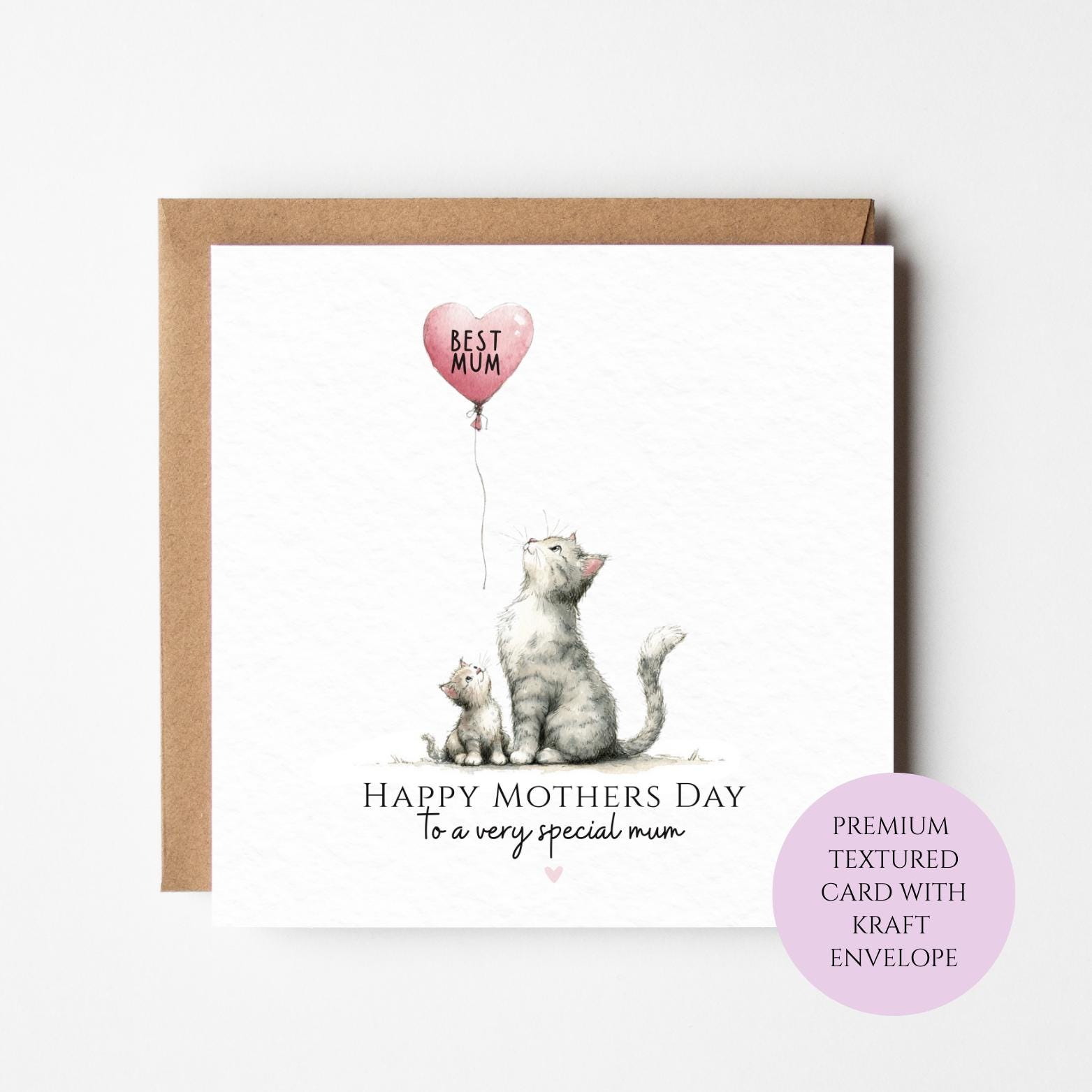 Cat Mum Birthday Card: Watercolor Kitten, Balloon, Textured Finish