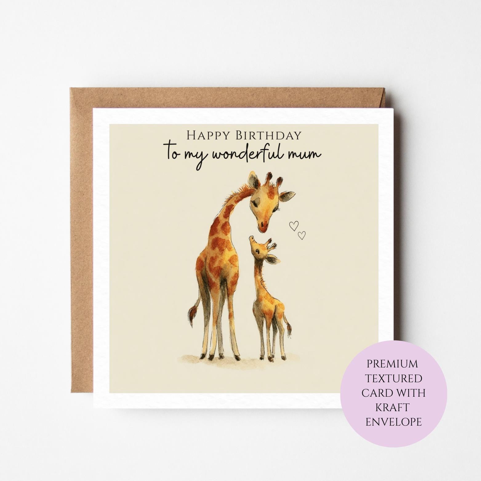 Giraffe Mum Birthday Card, Safari Animal Illustration, Blank Inside (Textured Card)