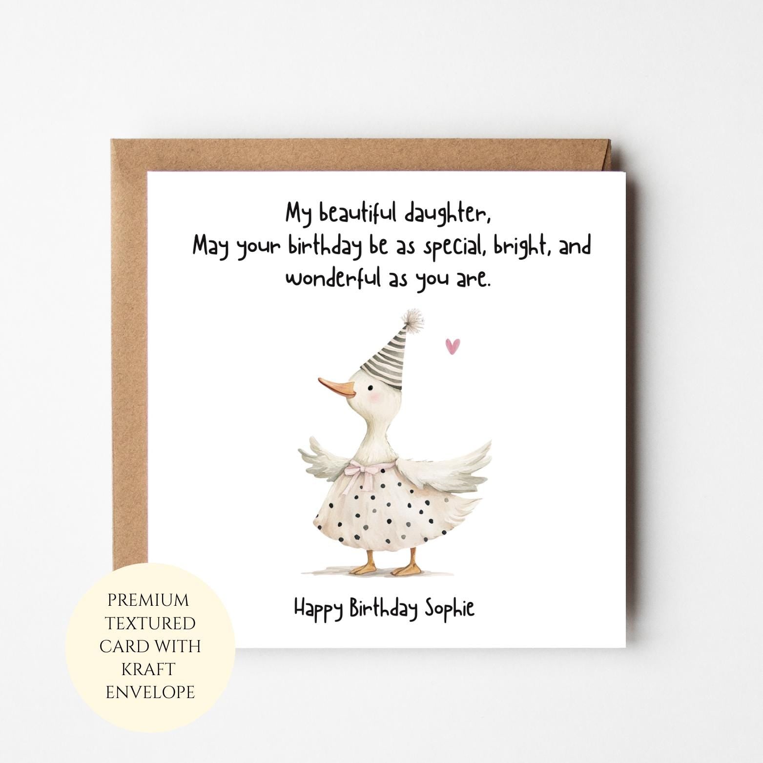 Daughter Birthday Card, Watercolor Duckling, Sweet Message, Kraft Envelope