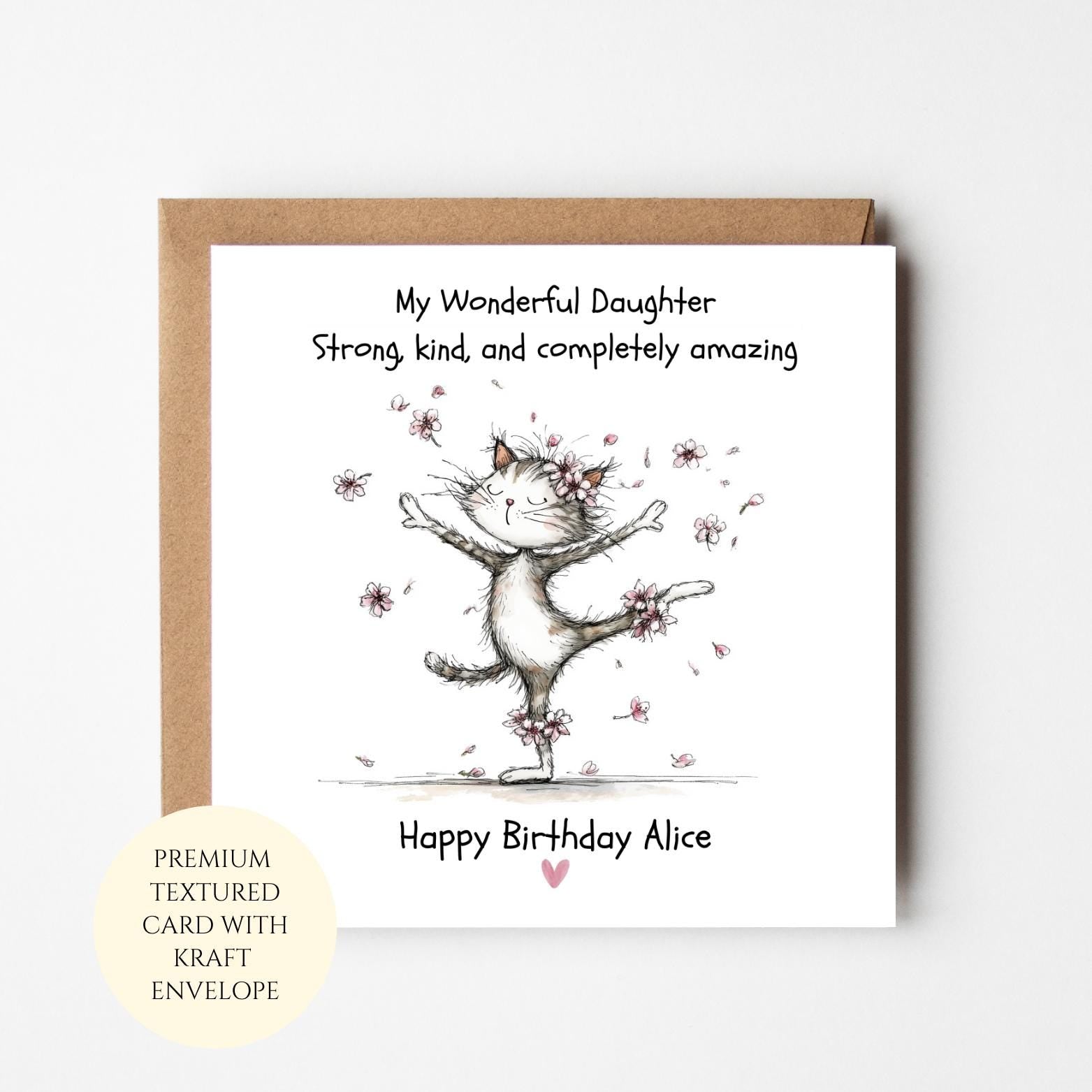 Personalised Daughter Birthday Card, Dancing Cat with Flowers