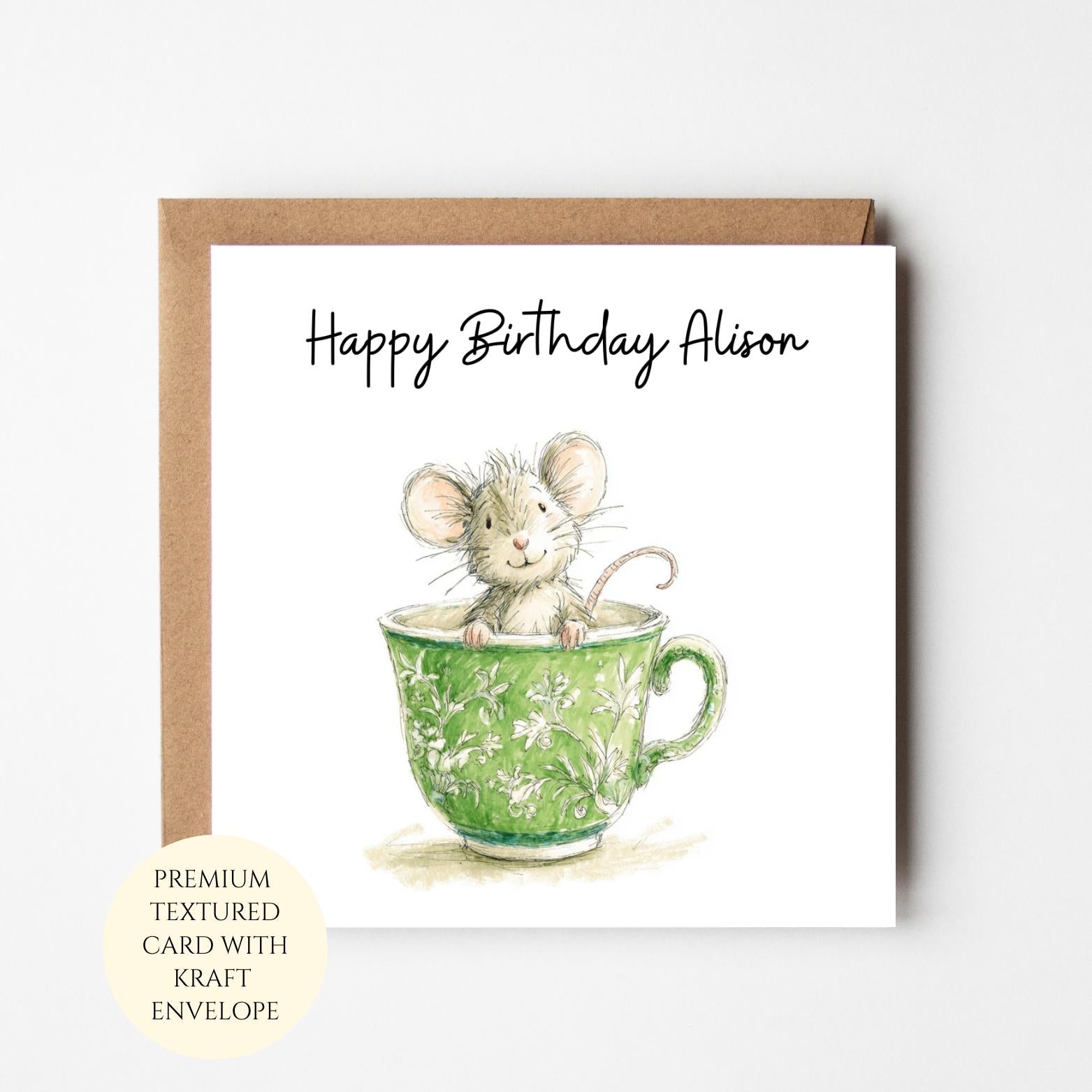 Personalised Mouse Birthday Card – Teacup Illustration, Textured Cardstock