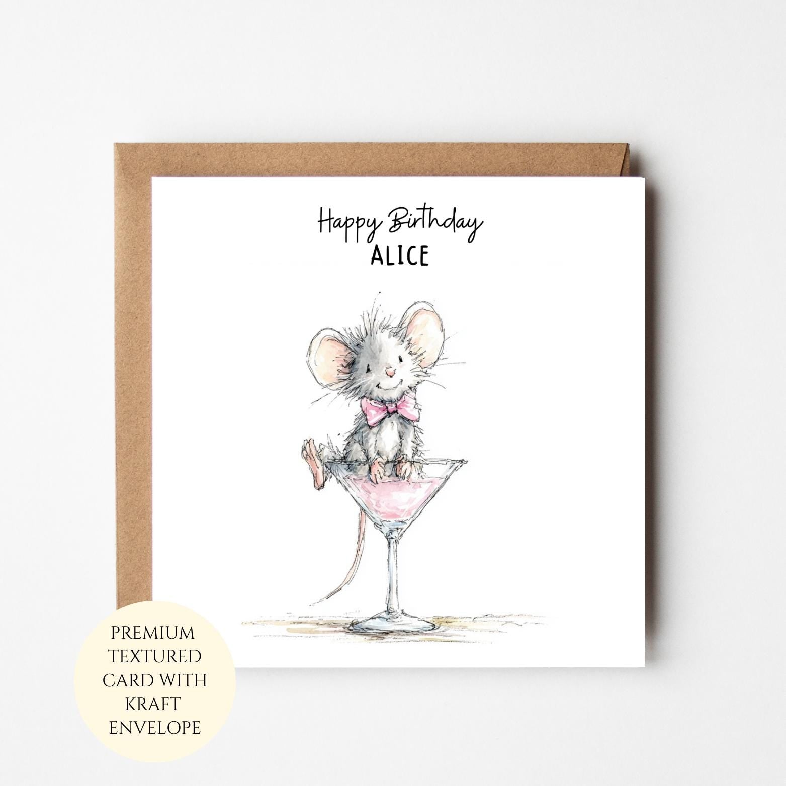 Personalised Mouse Birthday Card – Whimsical Animal for Women, Friends, Sisters, Mums