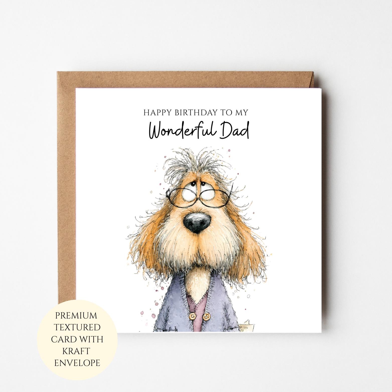Dog Dad Birthday Card: Whimsical Dog Illustration, Textured Paper, Kraft Envelope