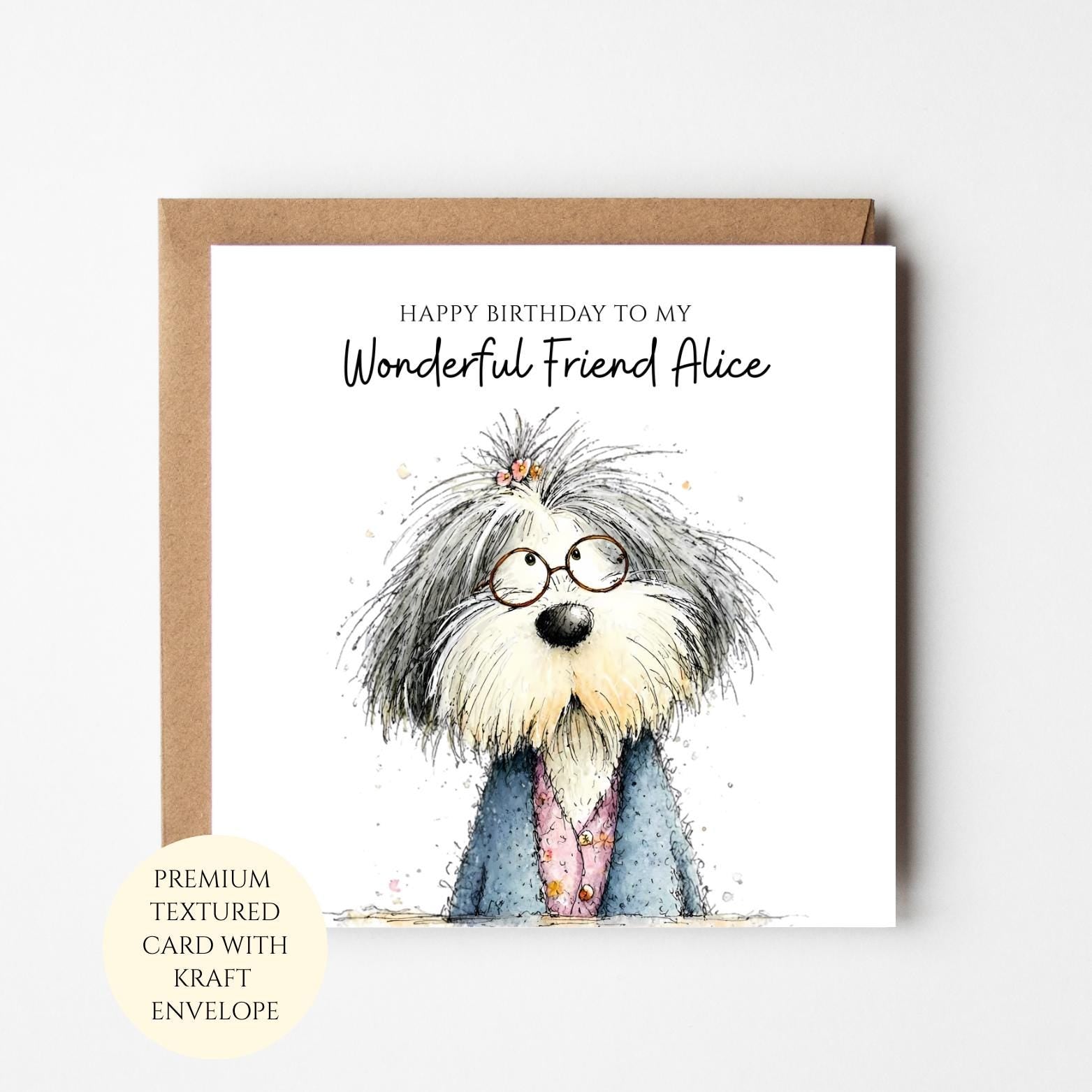 Personalised Fluffy Dog Birthday Card, Whimsical Illustration, Cardstock