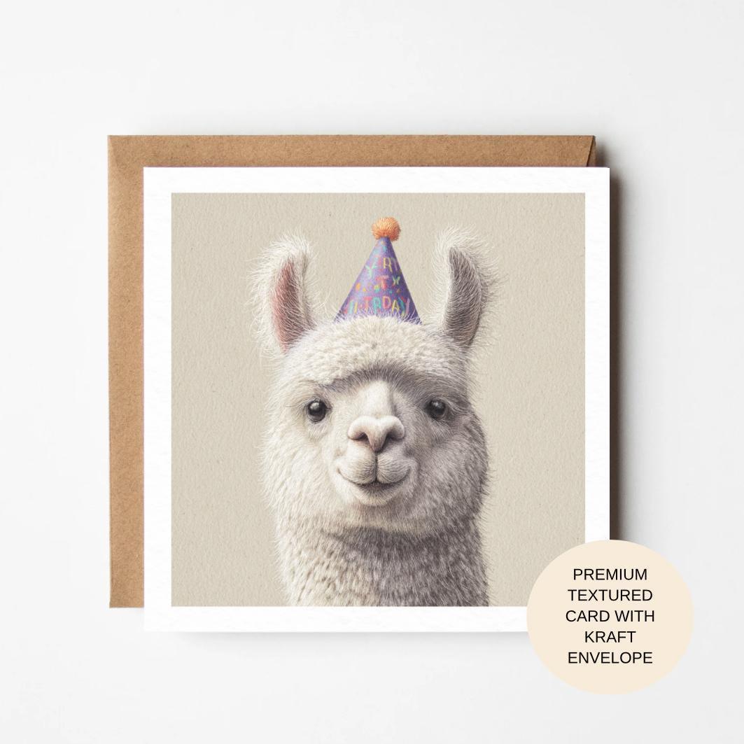 Alpaca Birthday Card | Hand-Illustrated Party Hat, Textured Card, Kraft Envelope