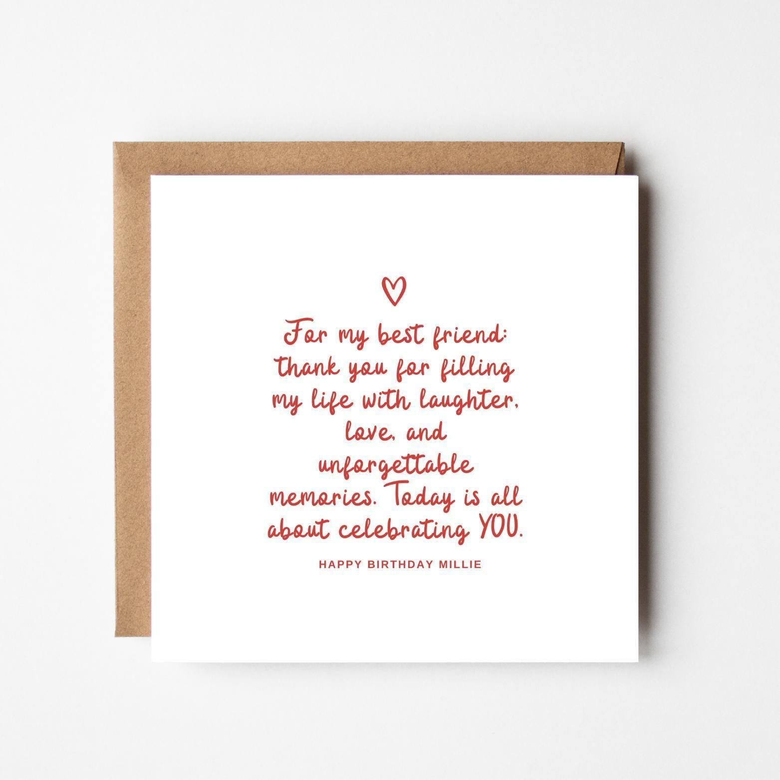 Personalised Friend Birthday Card – Heartfelt Message, Minimalist Design, Red Script