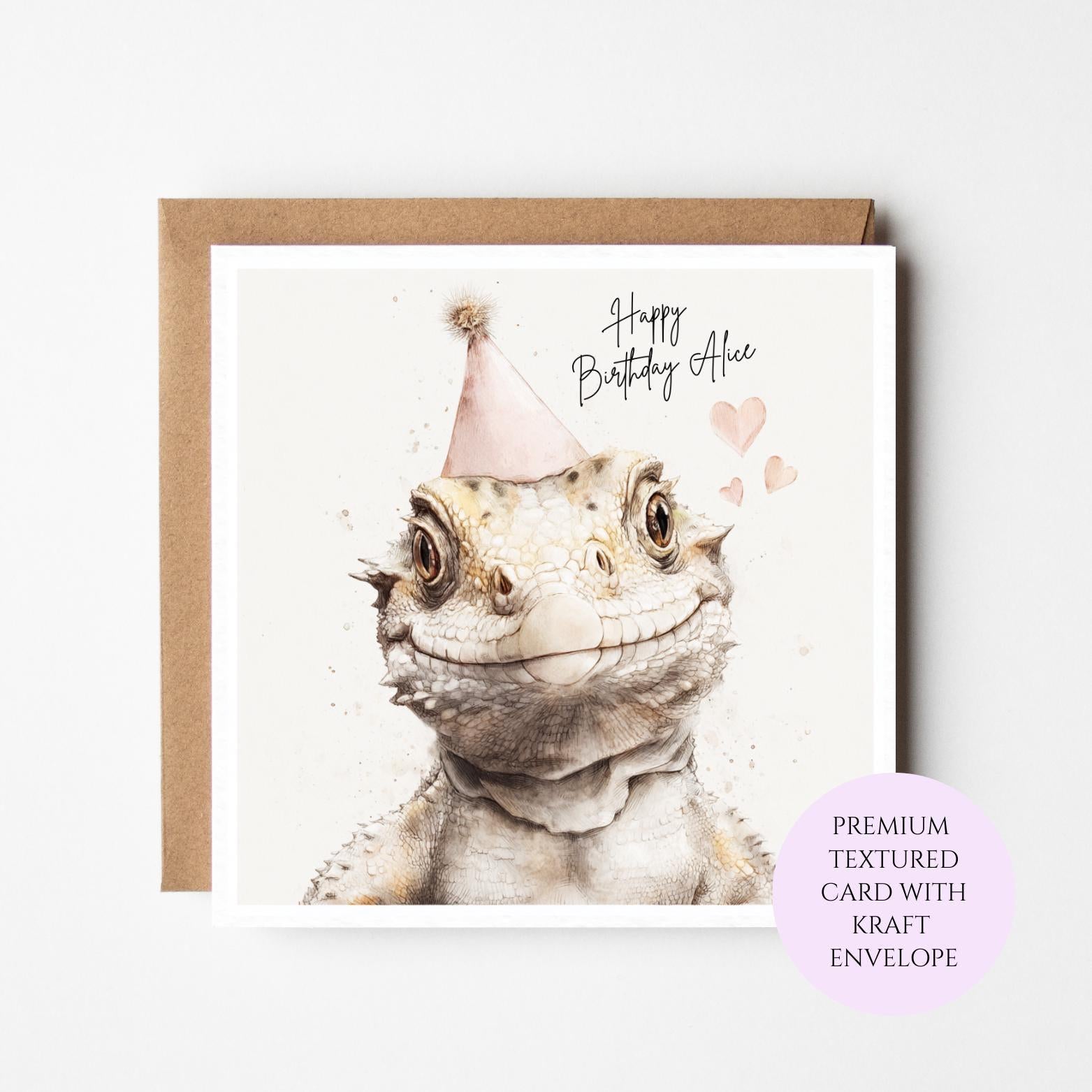 Personalised Watercolour Lizard Birthday Card – Hand-Painted Reptile Art for Her