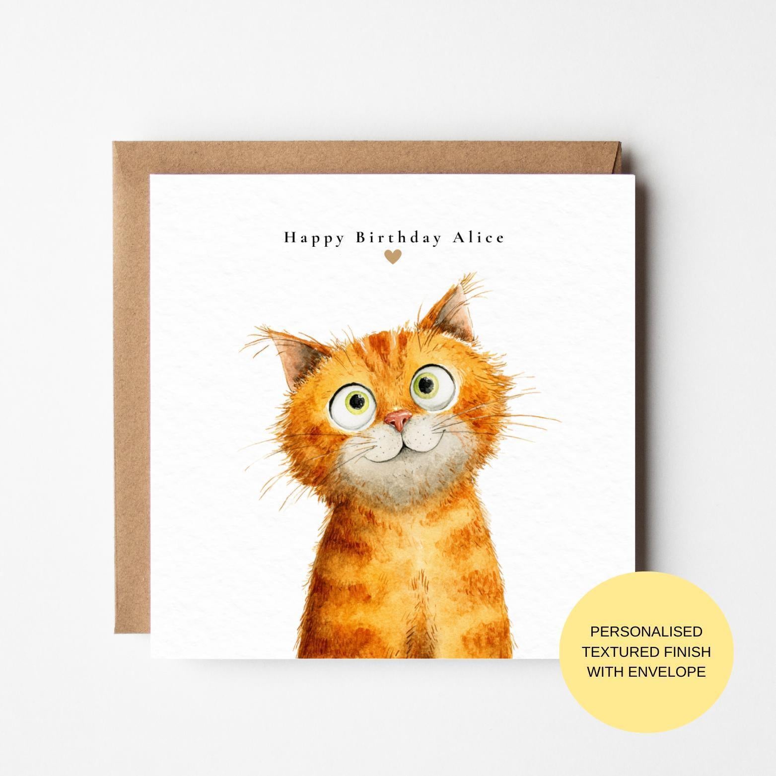 Birthday Card: Playful Ginger Cat Watercolor - Blank Inside, Textured Paper