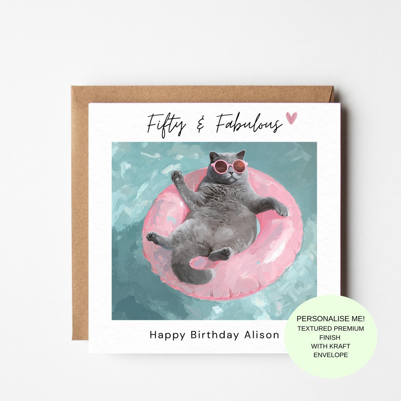 50th Birthday Card for Her – Grey Cat Fifty (Blank Inside)