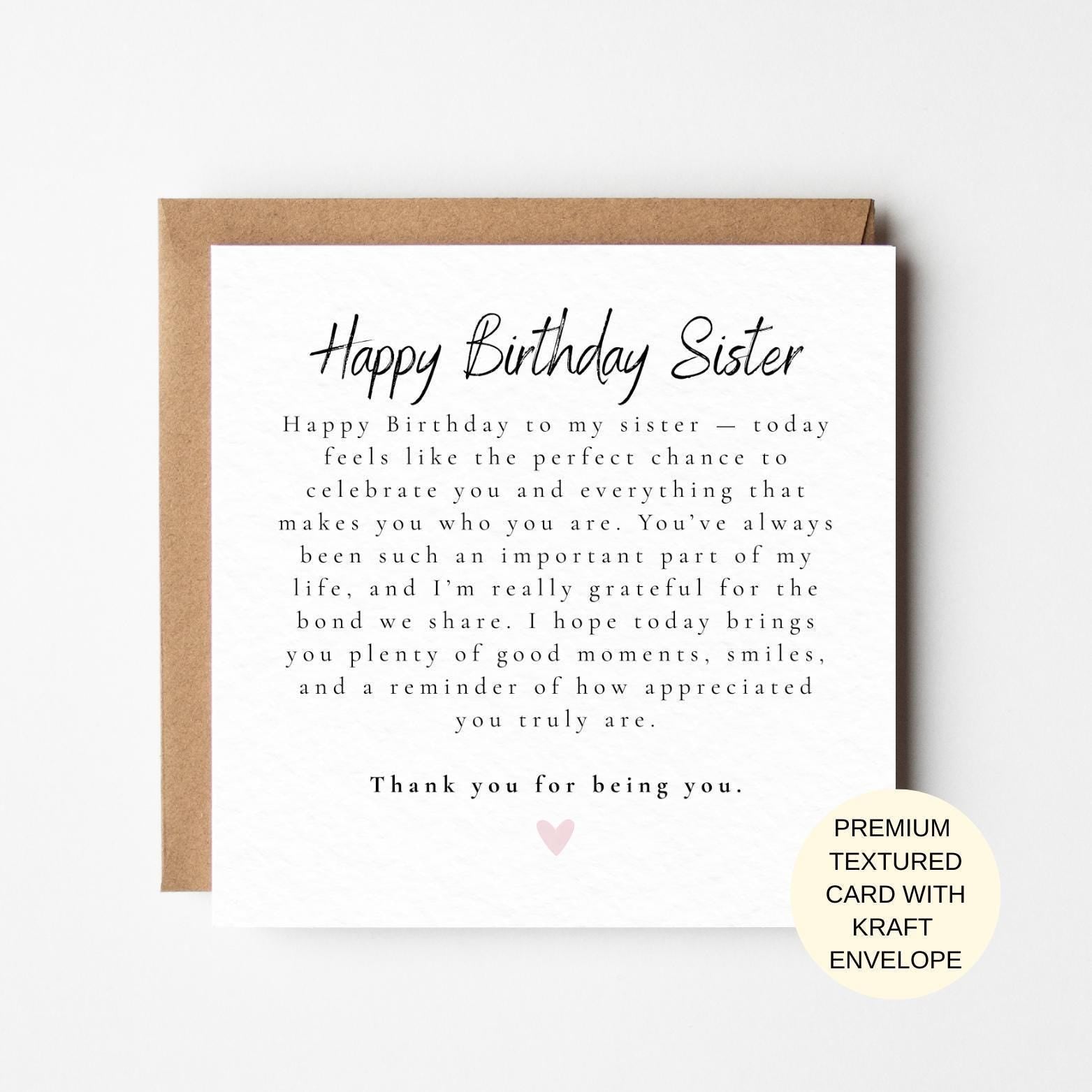 Heartfelt Sister Birthday Card | Meaningful Note | Keepsake for Her
