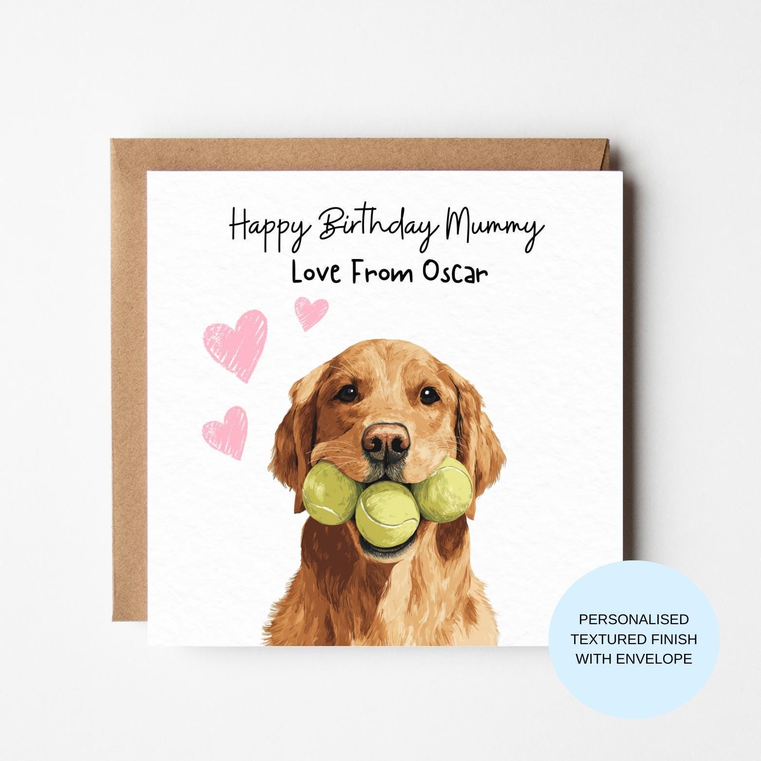 Personalised Golden Retriever Birthday Card | Dog Lover, Tennis Balls, Hearts