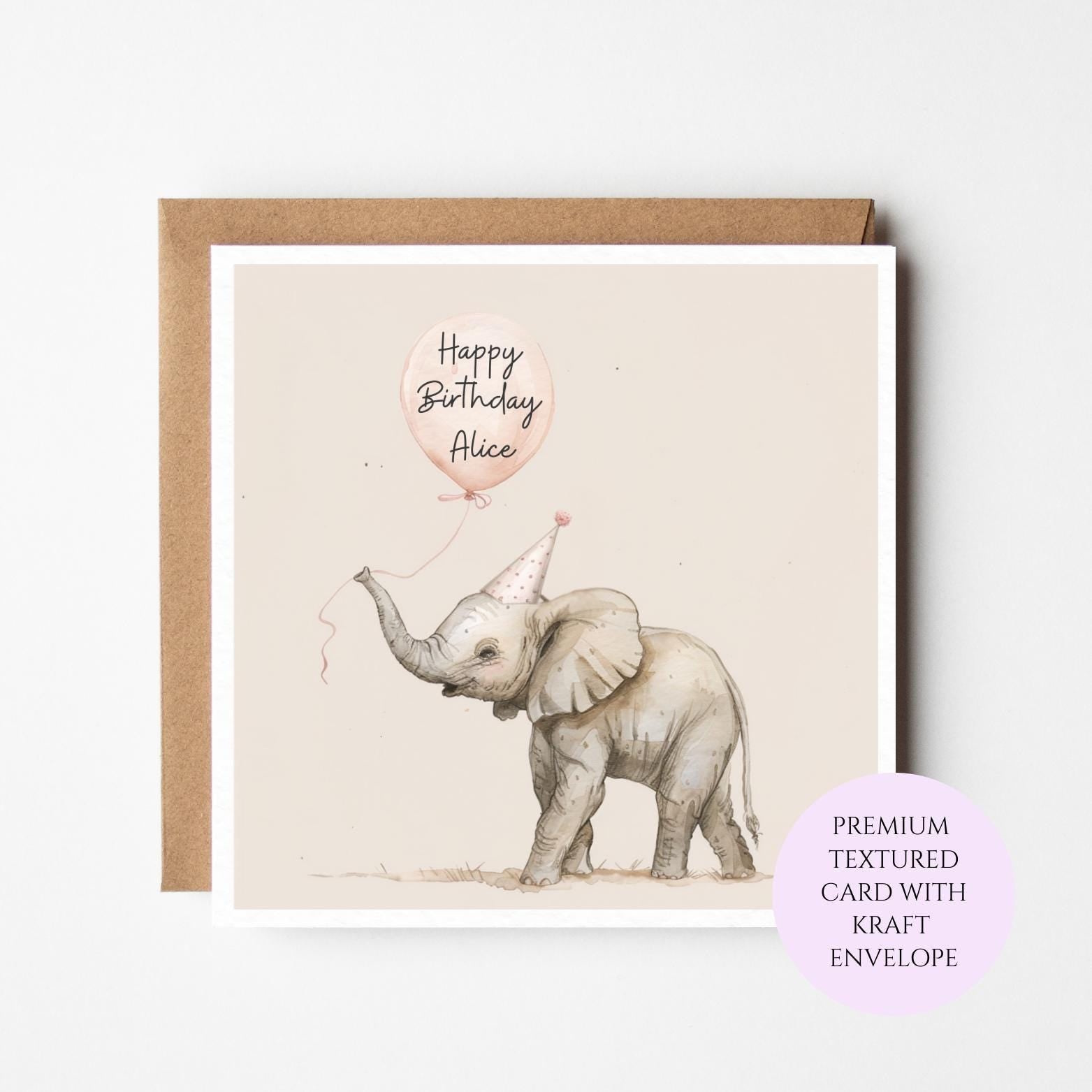 Elephant Birthday Card, Whimsical Balloon Illustration, Textured Cardstock