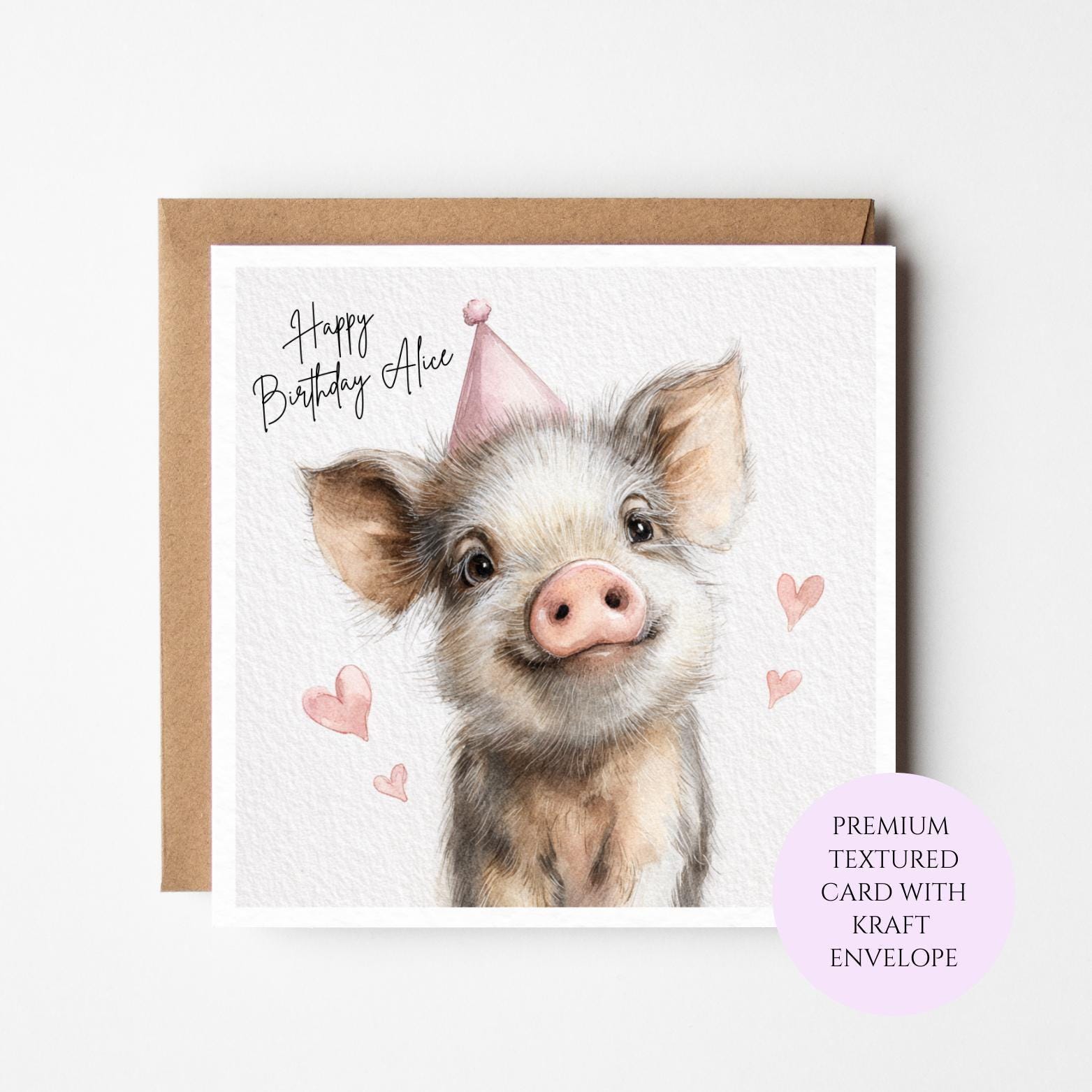 Personalised Piglet Birthday Card – Watercolour Farm Animal for Her
