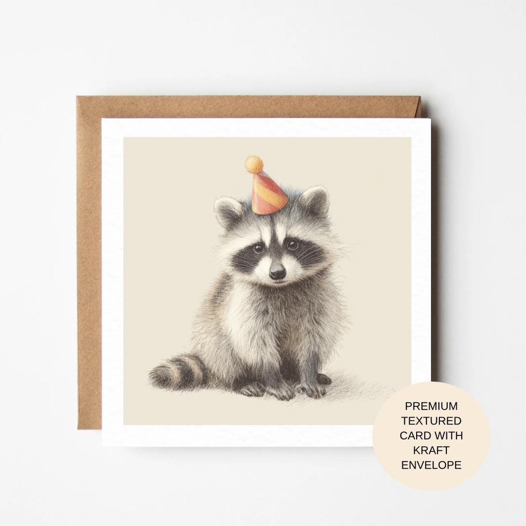 Raccoon Birthday Card | Hand-Drawn Animal Party Hat Greeting Card, Blank Inside
