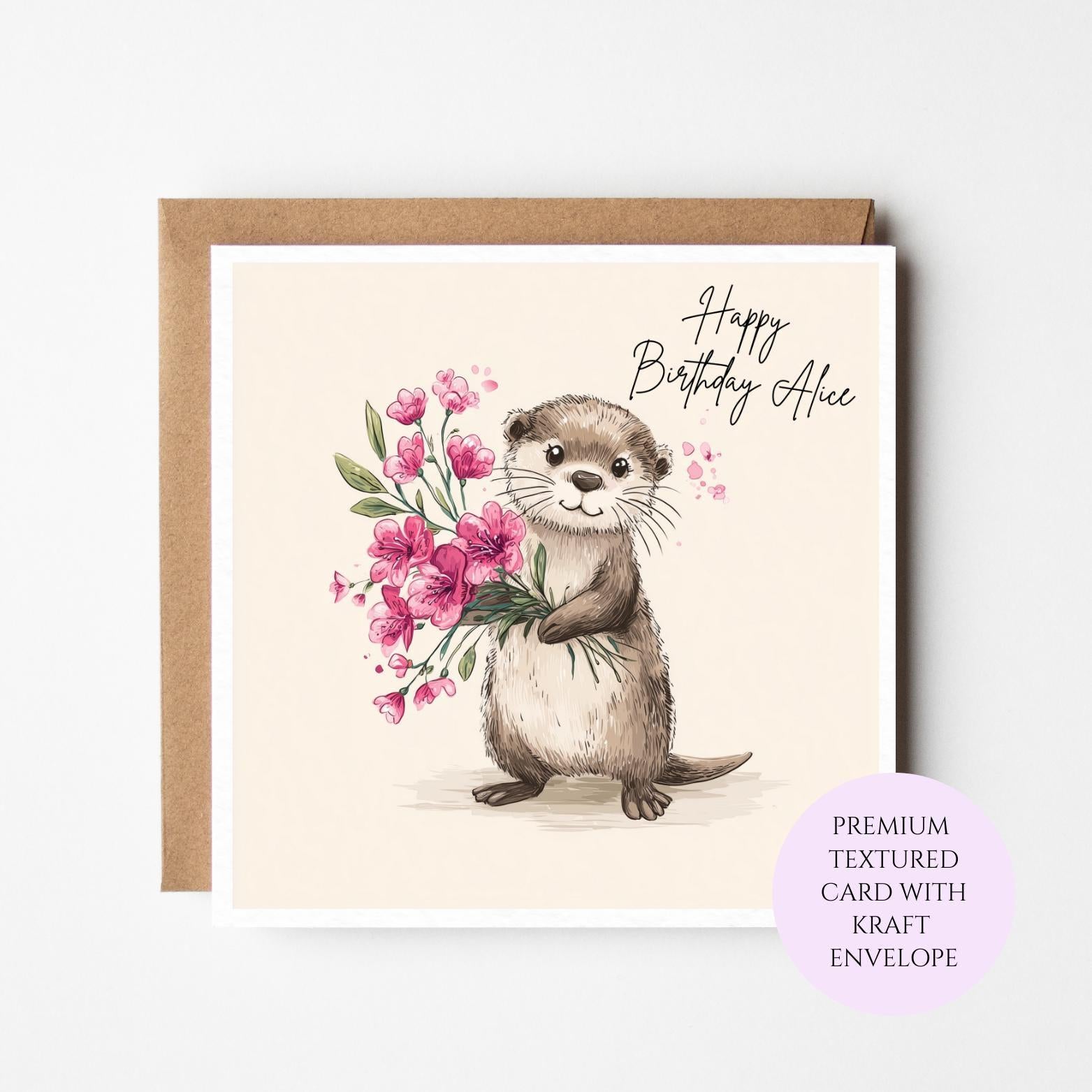 Personalised Otter Birthday Card – Floral Animal Illustration, Kraft Envelope
