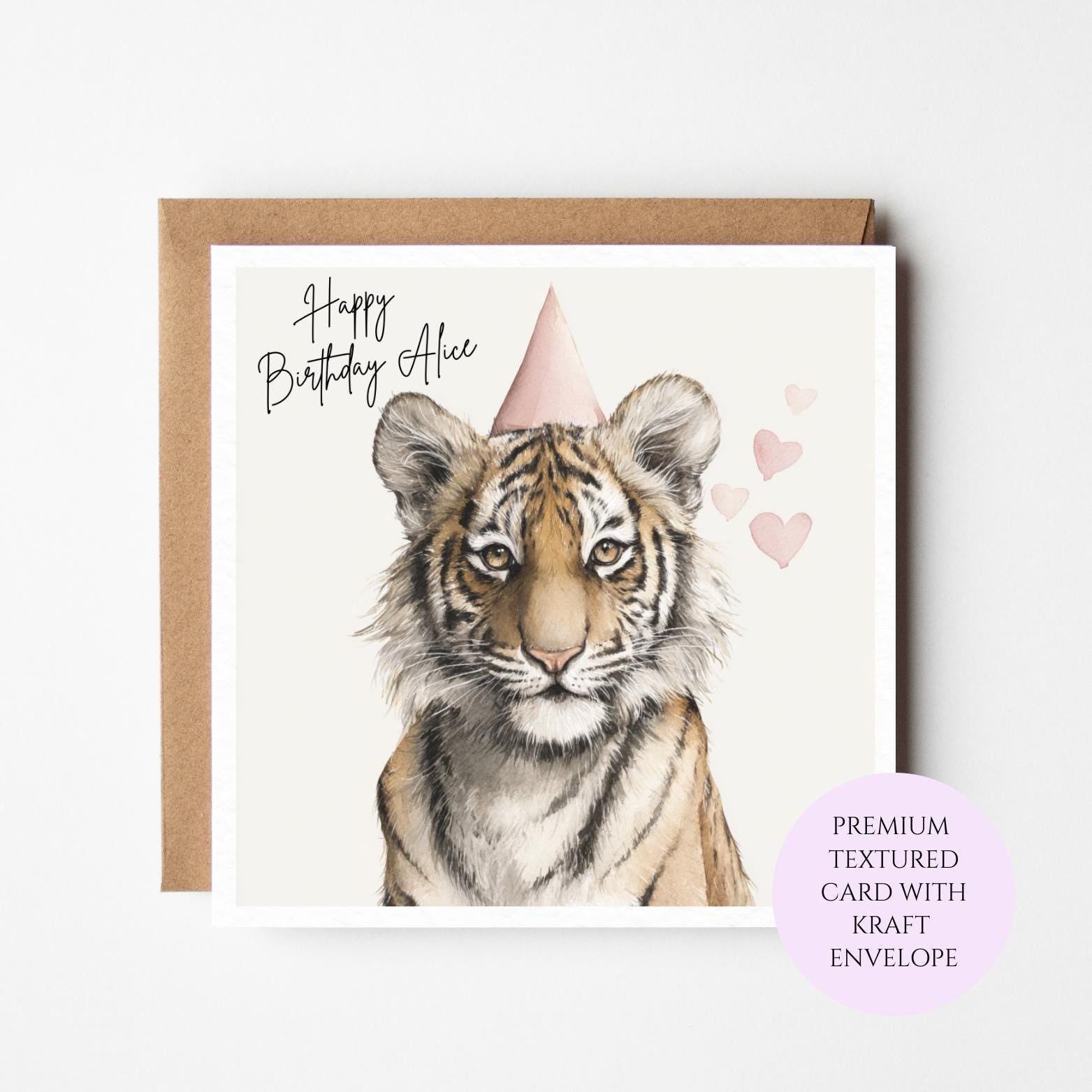 Personalised Tiger Birthday Card – Watercolour Safari Animal for Her