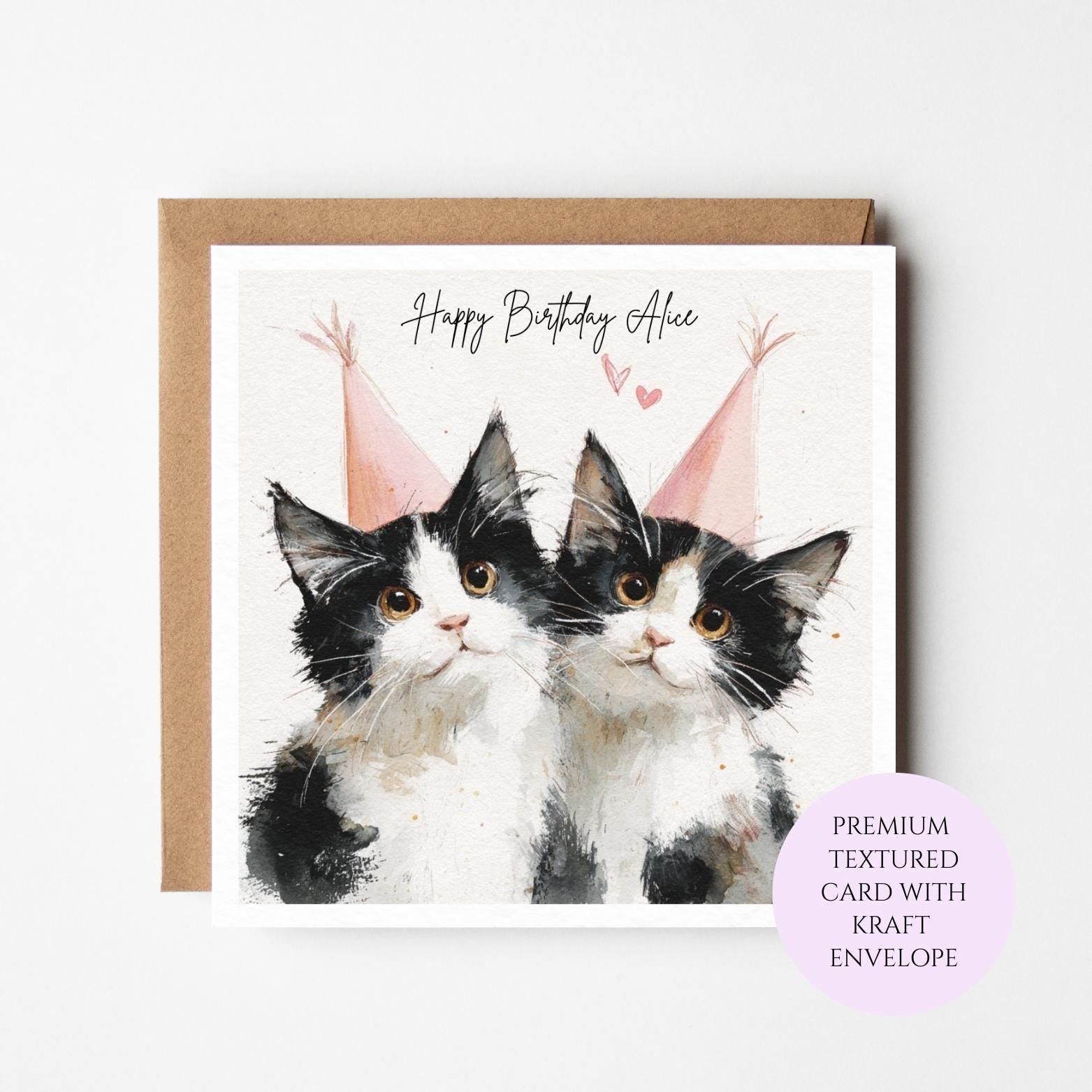 Personalised Tuxedo Cat Birthday Card – Watercolor Cats, Sister, Friend, Mum Gift