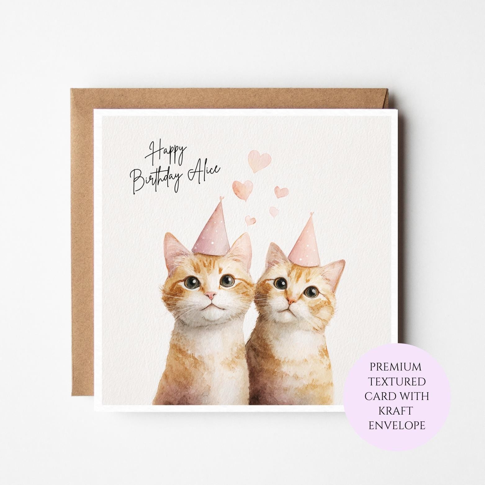 Personalised Ginger Cat Birthday Card – Twin Watercolor Feline Art for Her