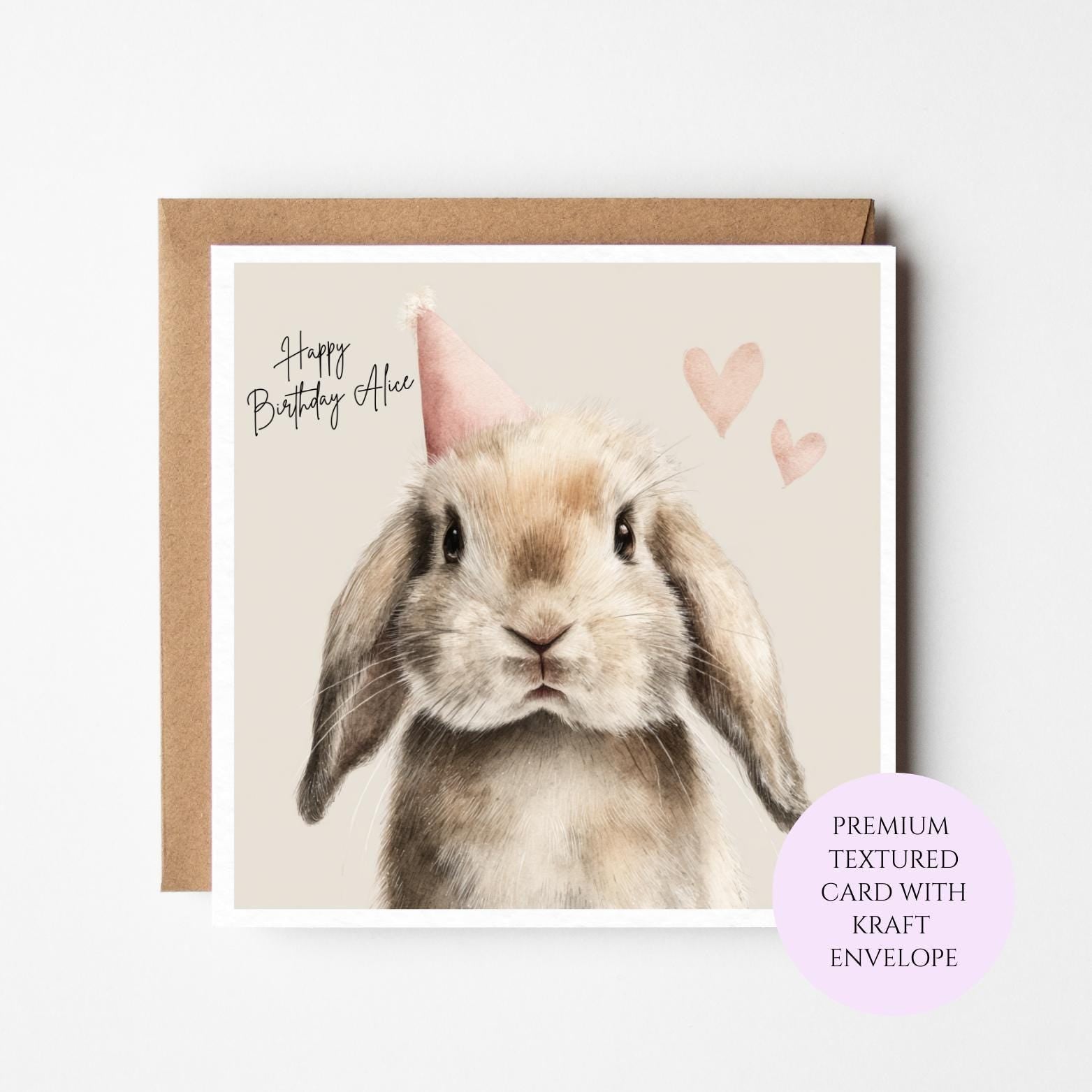 Personalised Fluffy Bunny Birthday Card – Watercolor Rabbit Lover Gift