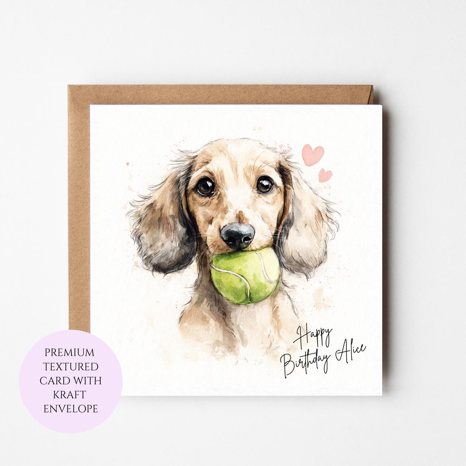 Long Haired Dachshund Birthday Card: Watercolor Dog with Tennis Ball, Dog Lover Gift