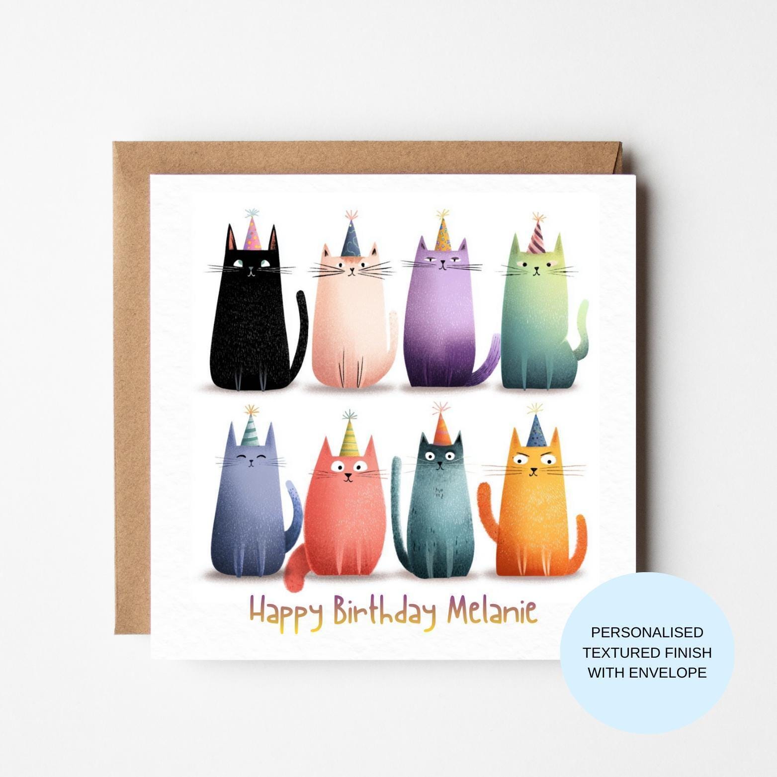 Personalised Cat Birthday Card | Colourful Cats Line-Up, Fun Greeting For Her