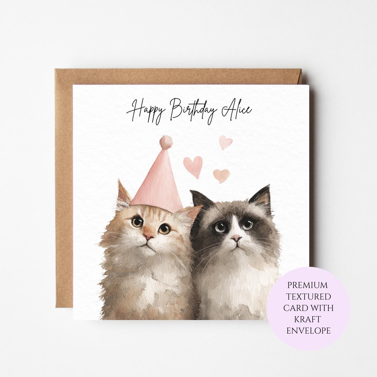 Personalised Tabby Cat Birthday Card – Watercolor Illustration, Cat Lover Gift