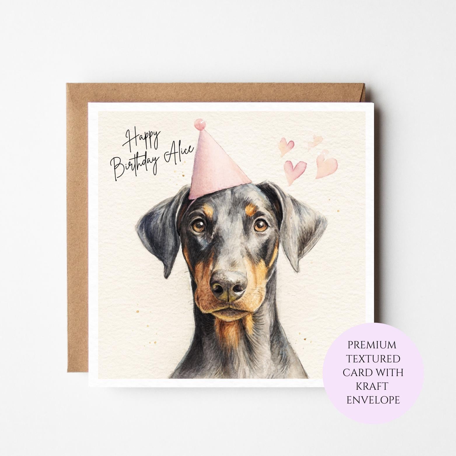 Personalised Doberman Birthday Card – Watercolor Dog Lover Gift for Sister, Friend, Mum