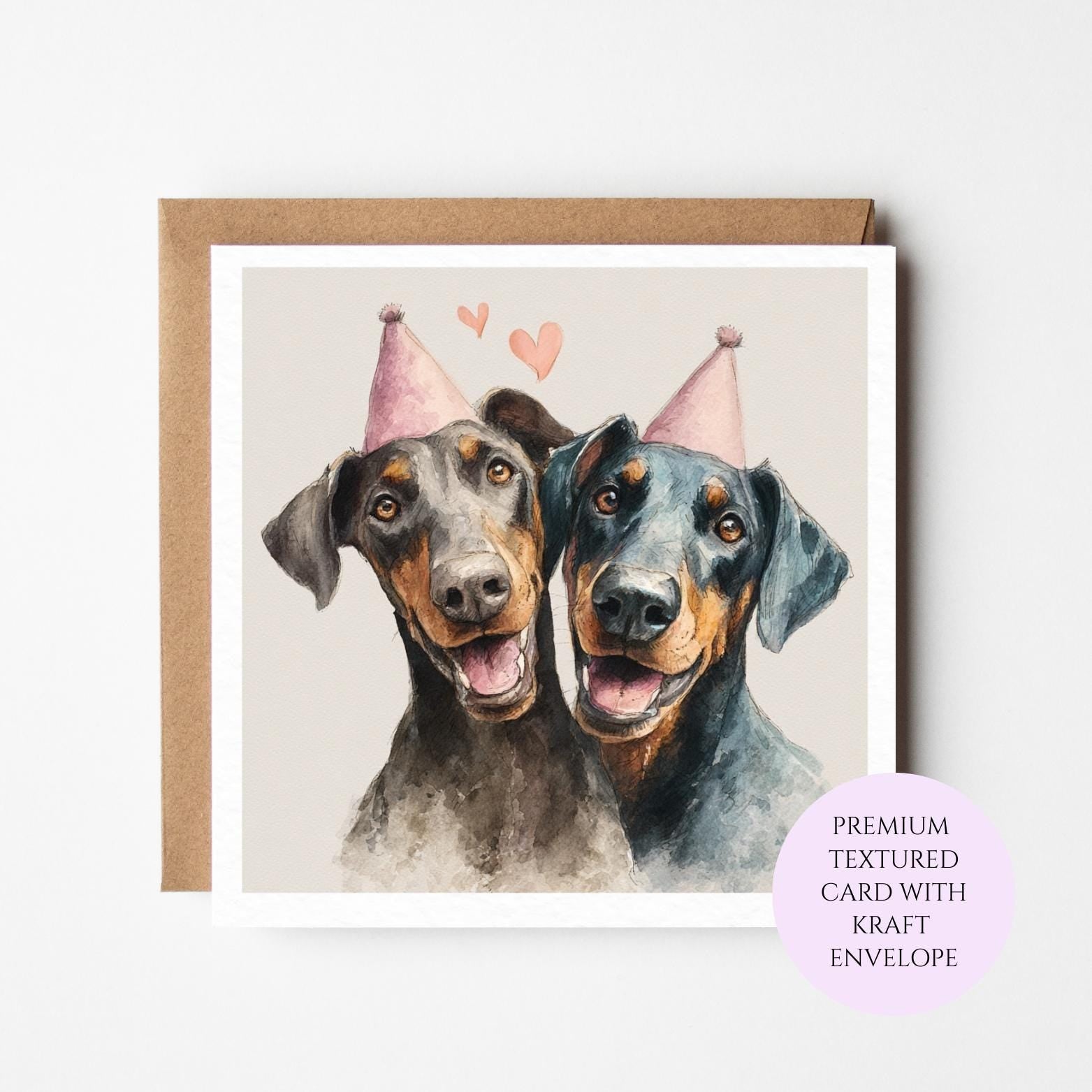 Doberman Dogs Birthday Card: Watercolor Illustration, Dog Lover Greeting (A6 Size)