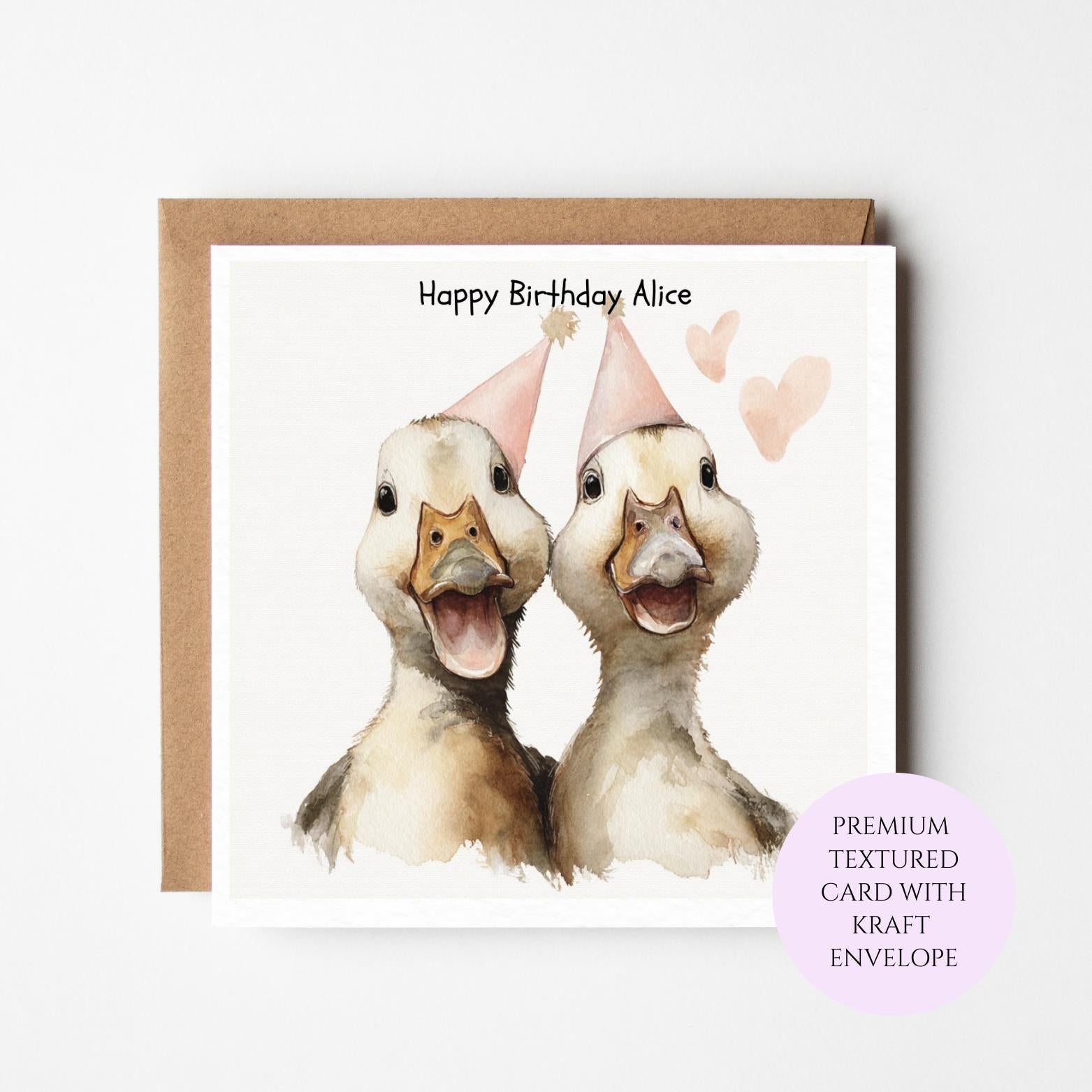 Funny Duck Birthday Card, Watercolor Animal Lover Greeting, Party Ducks (Blank Inside)