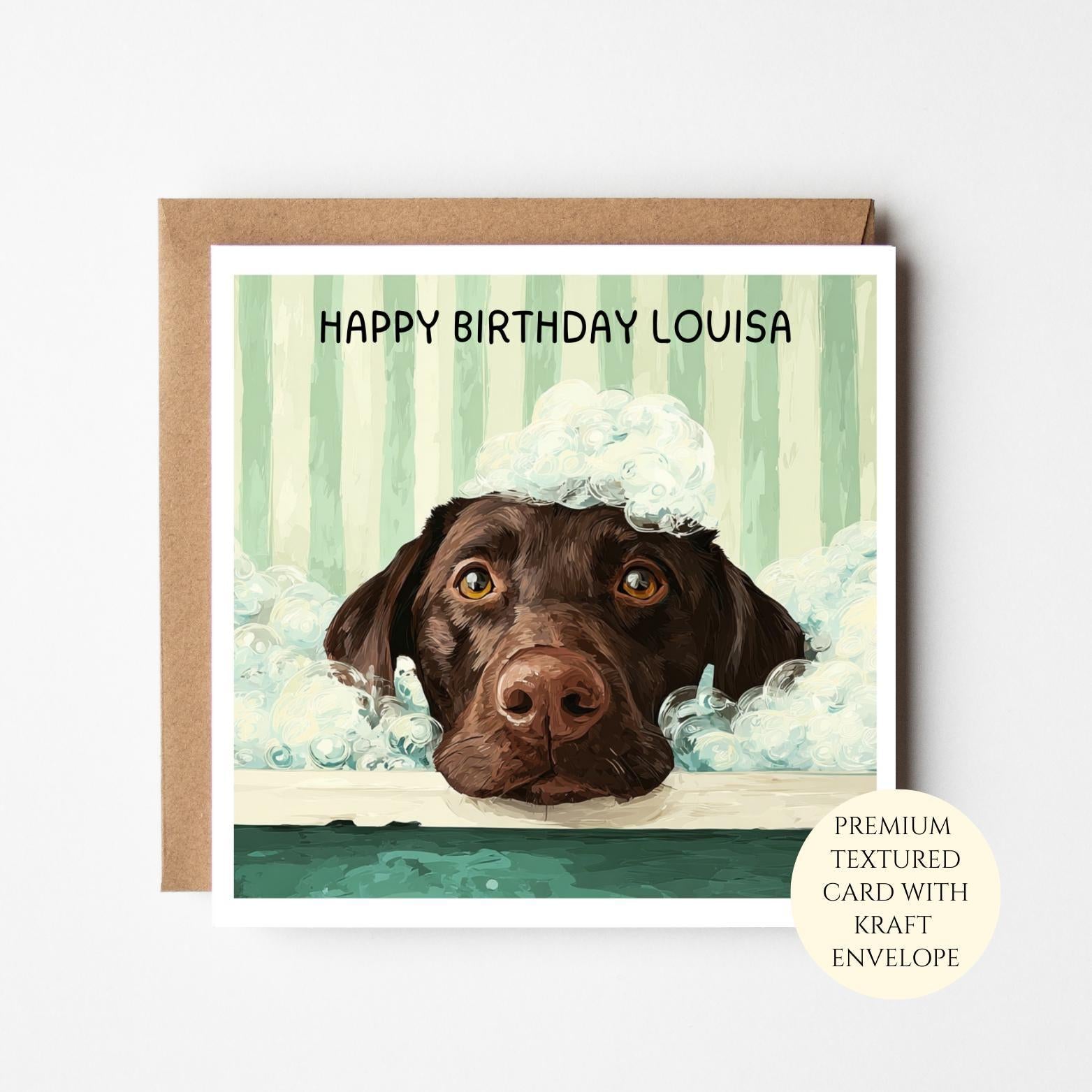 Personalised Birthday Card: Dog In Bubble Bath, Funny Dog Lover Gift For Friend