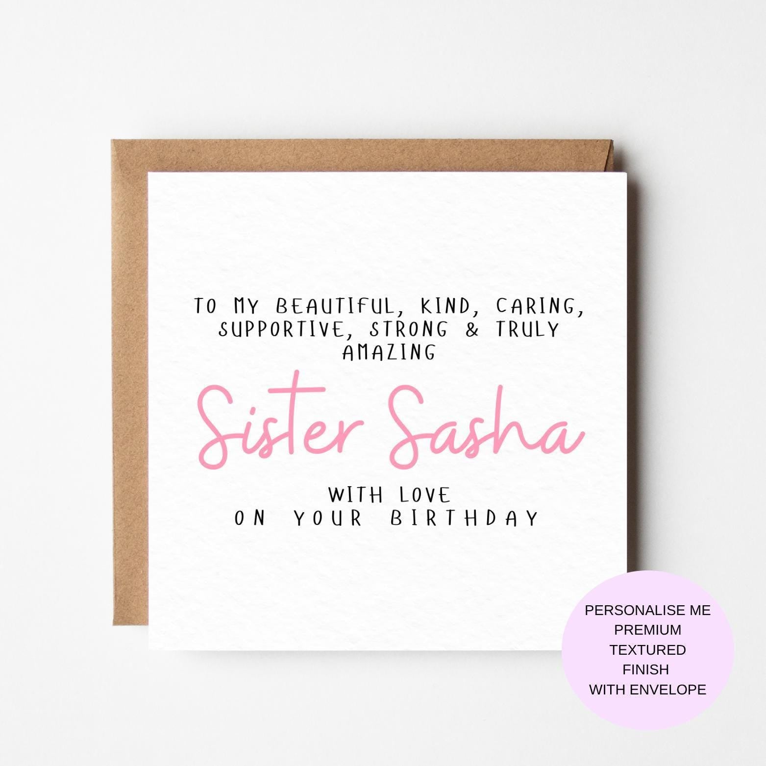 Personalized Sister Birthday Card, Elegant Black & Pink Fonts