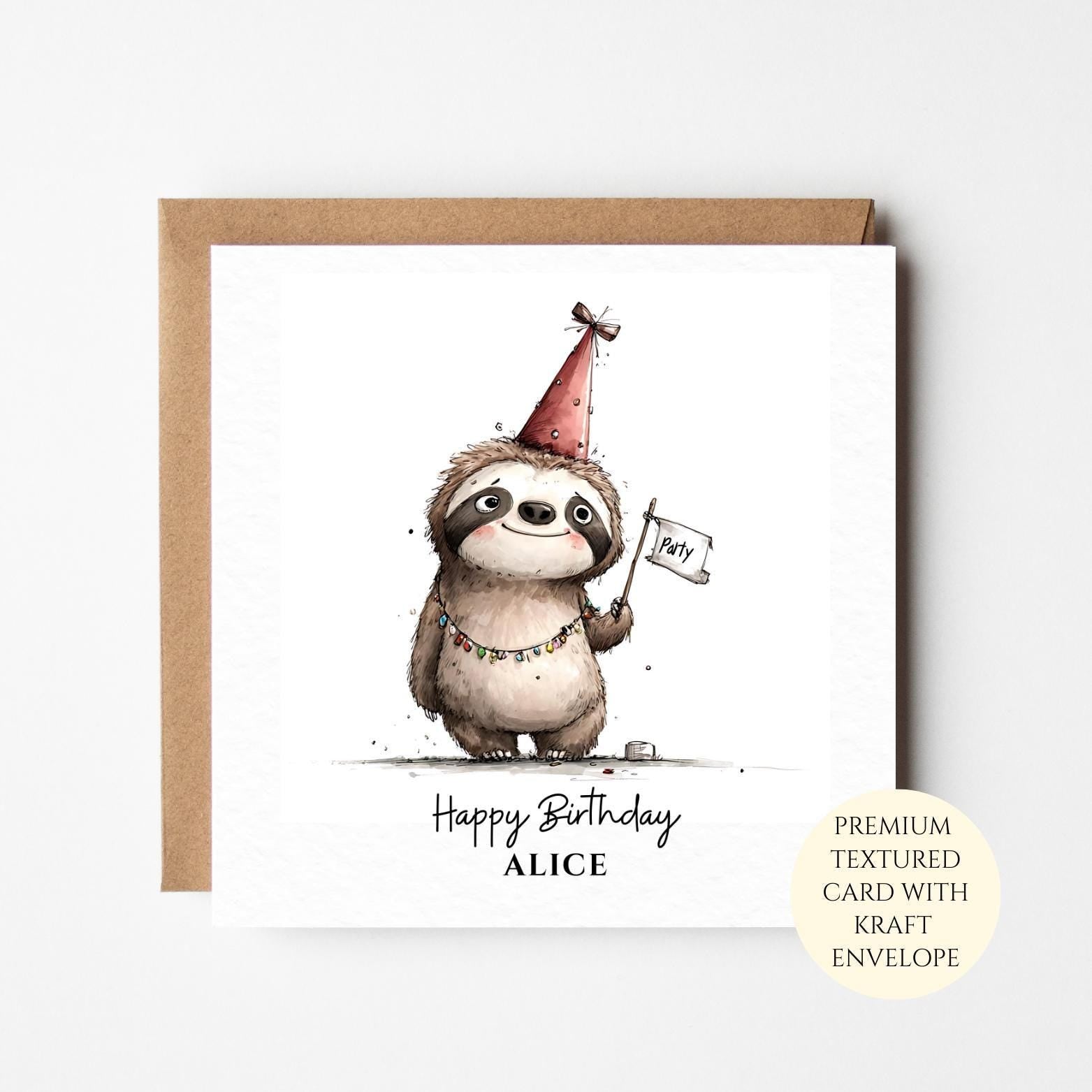 Personalised Sloth Birthday Card – Watercolor Animal Party Greeting Him Her