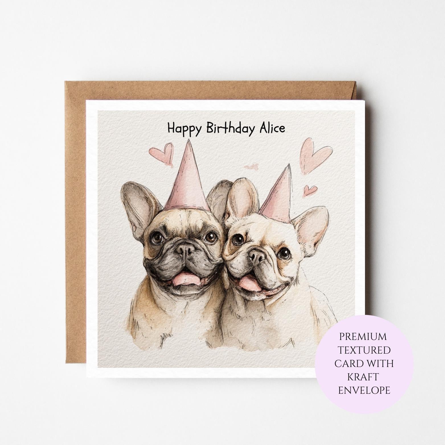 French Bulldog Birthday Card: Two Dogs in Party Hats, Dog Lover Greeting