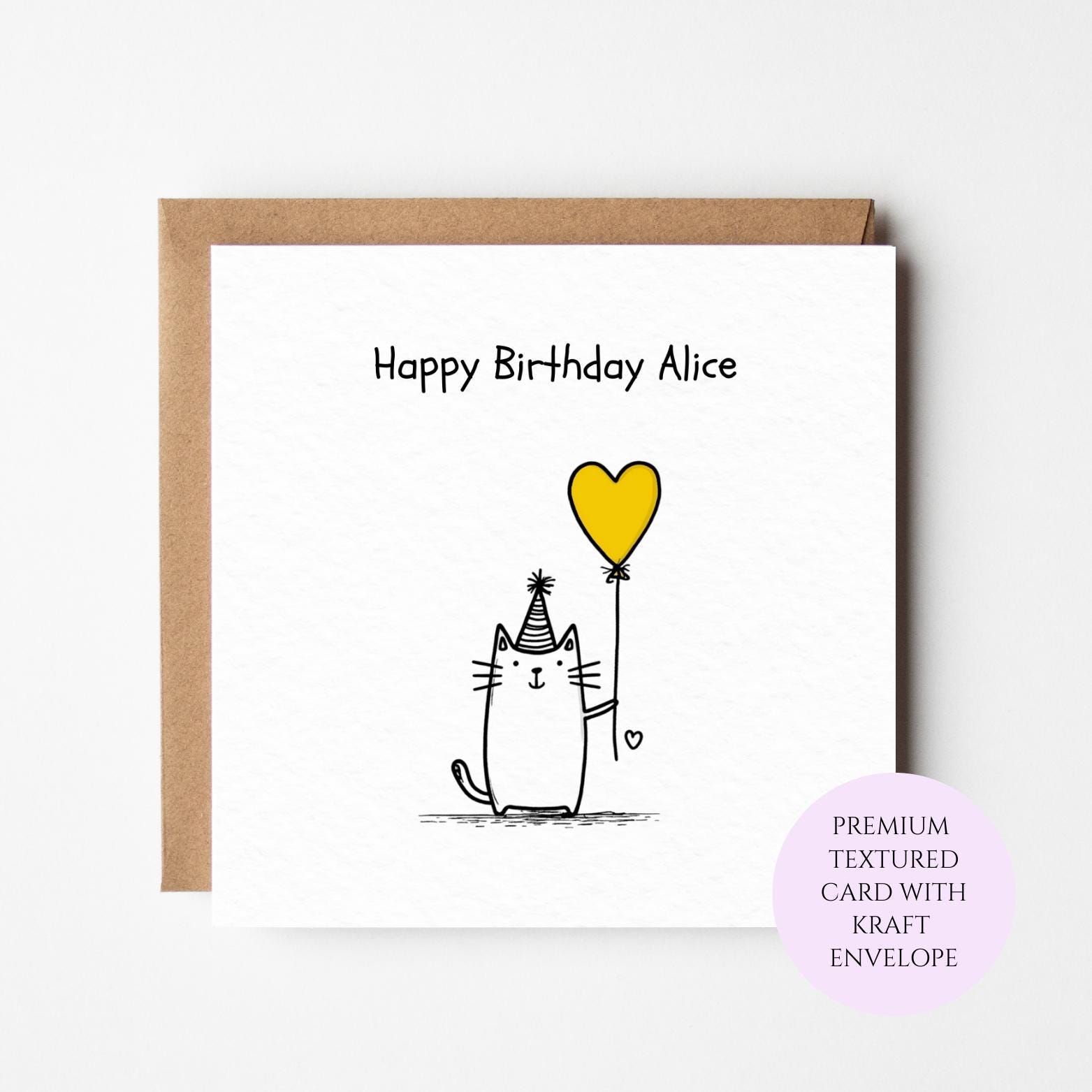 Cat Birthday Card: Minimalist Illustration with Balloon, Kraft Envelope