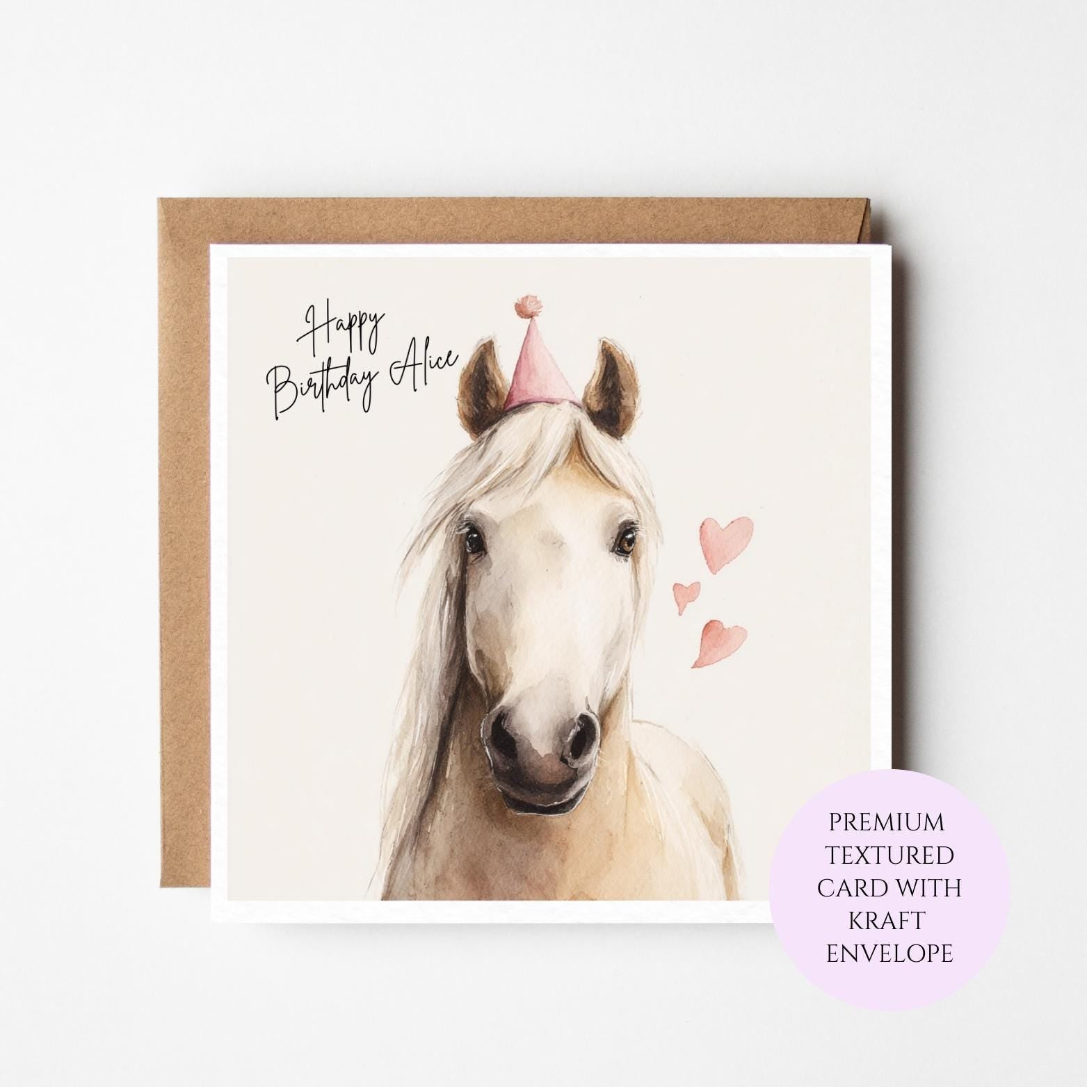 Personalised White Horse Birthday Card – Watercolor Equestrian Art for Her