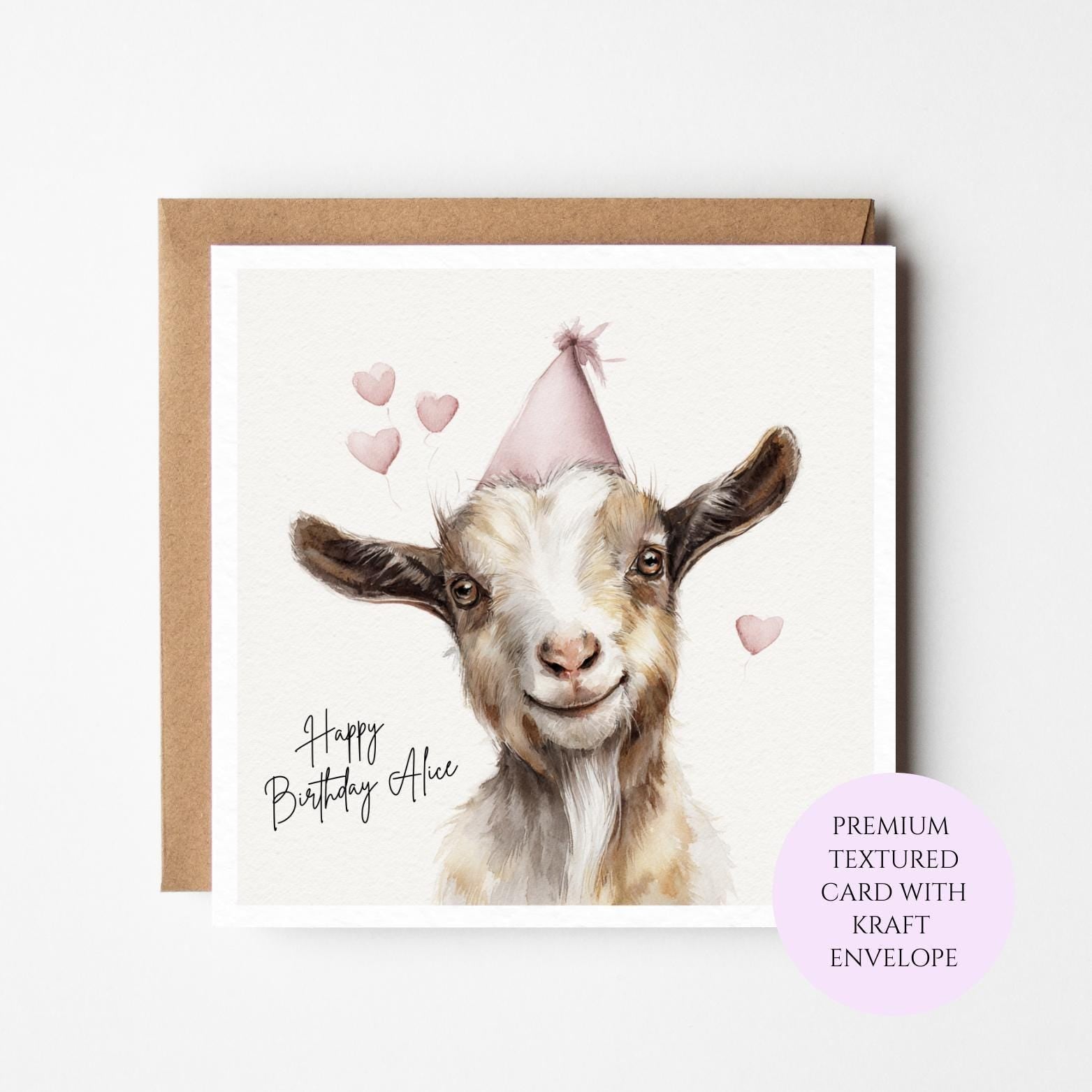 Personalized Goat Birthday Card – Watercolor Farm Animal Illustration, Sister Friend Mum Gift