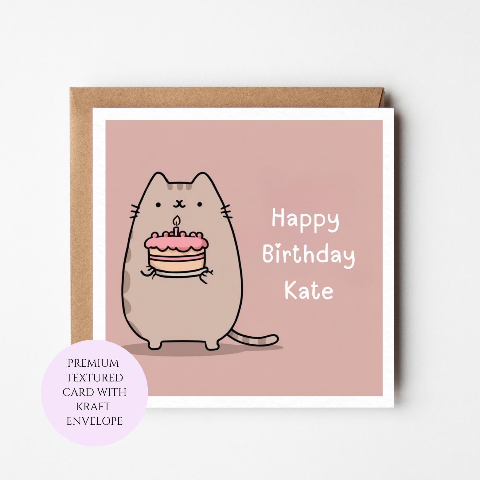 Funny Cat Birthday Card with Cake Illustration – Whimsical Greeting for Cat Lovers
