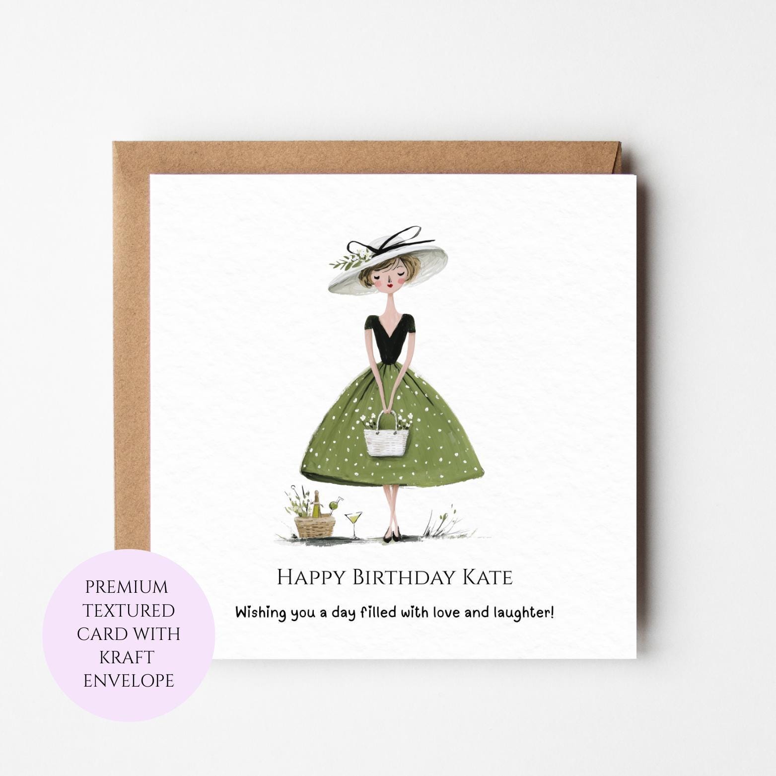 Birthday Card For Friend Sister Girl Green Dress Illustration Textured Card (Kraft Envelope)