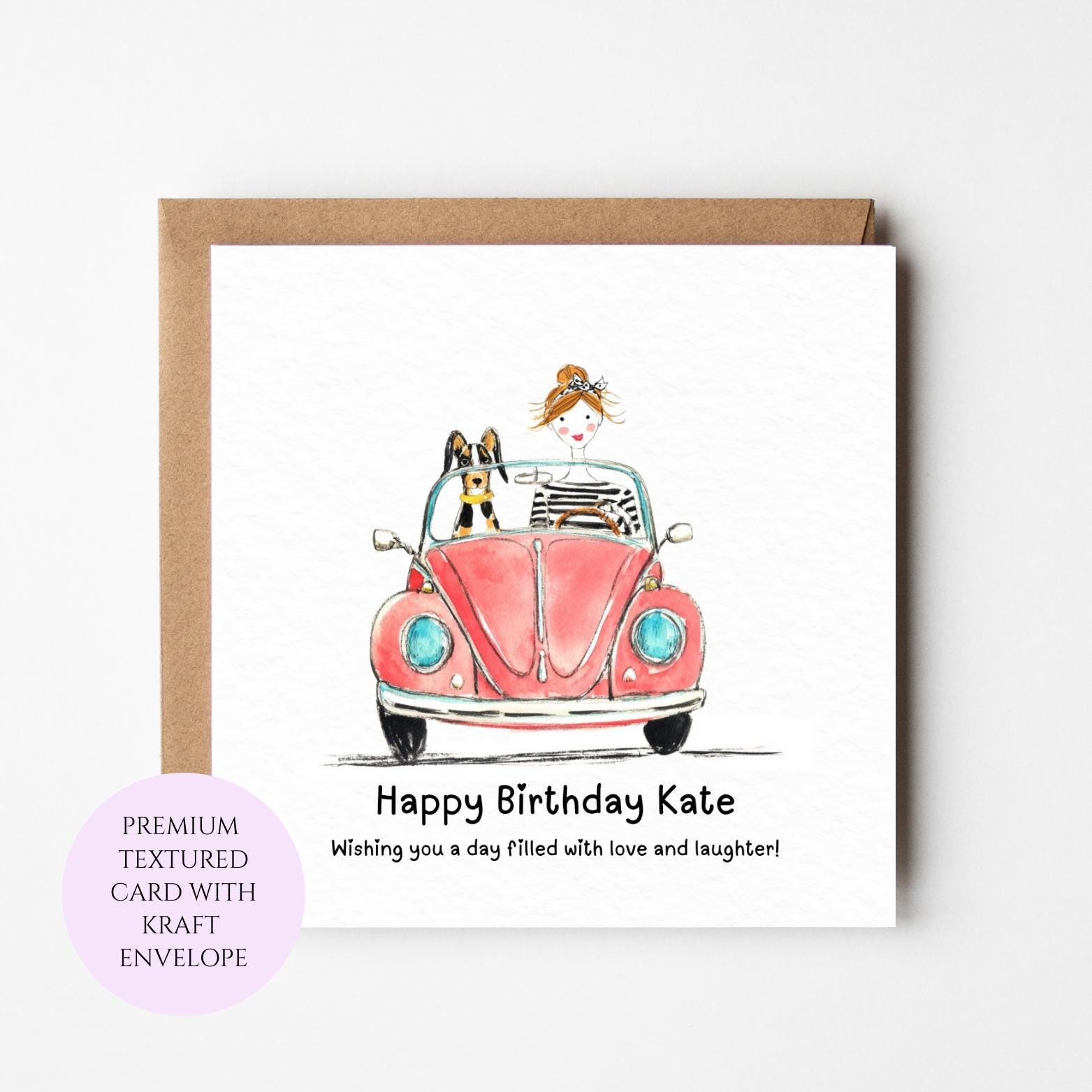 Girl Driving Car Birthday Card, Dog Lover Friend Birthday Greeting (Kraft Envelope)