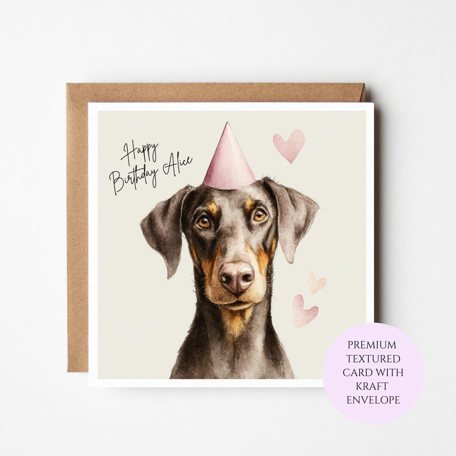 Personalised Doberman Birthday Card – Watercolor Dog Lover Greeting Card