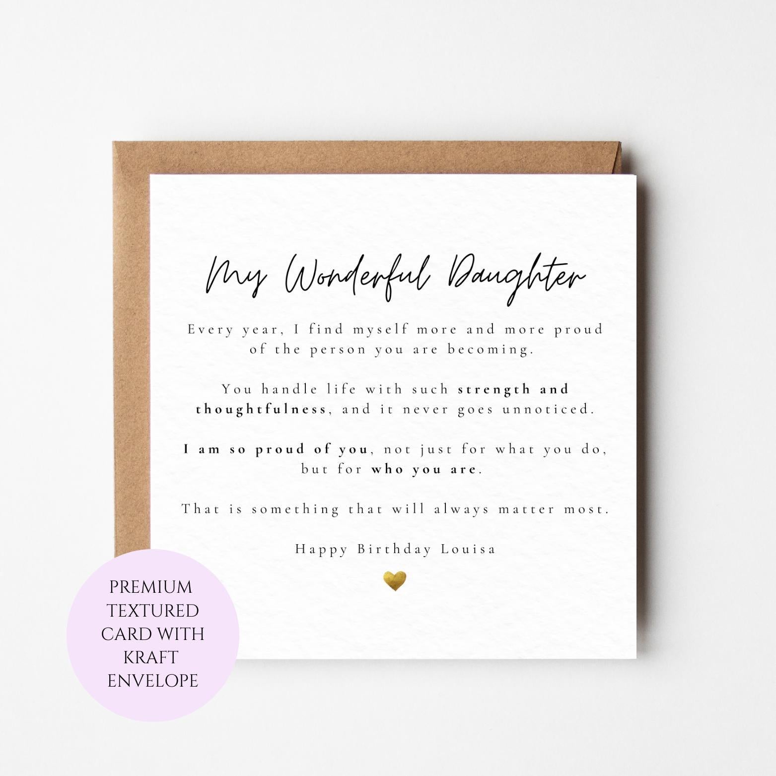 Personalised Birthday Card for Daughter, Textured Card, Kraft Envelope