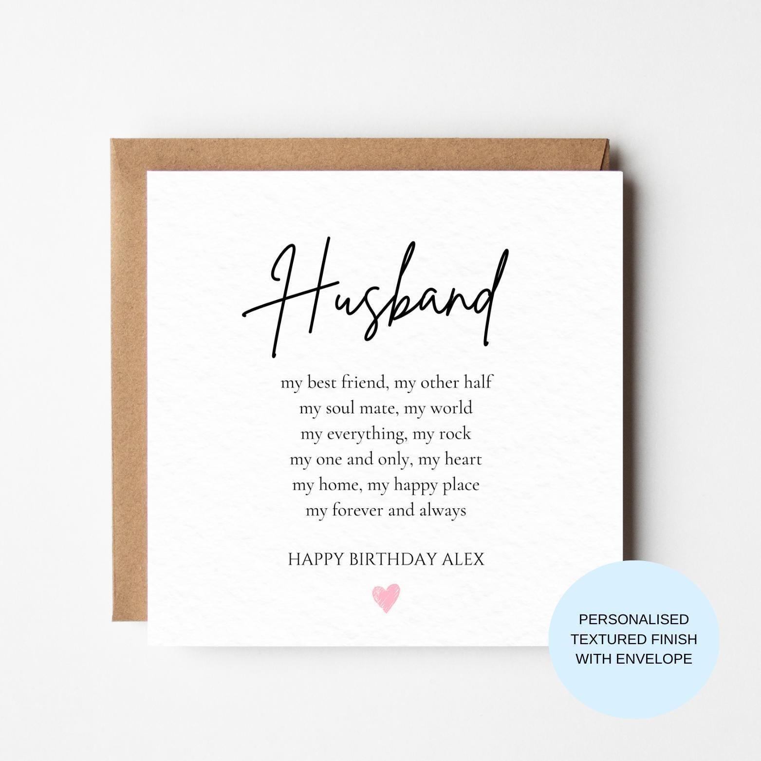 Personalised Husband Birthday Card | Minimal Script, Heartfelt Message, Textured Finish