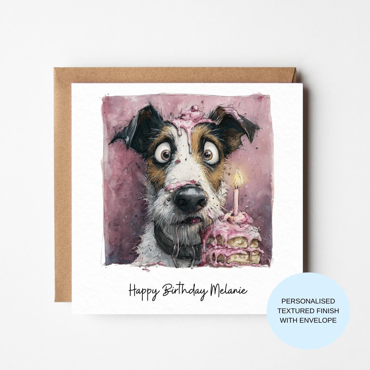 Personalised Dog Birthday Card | Funny Dog with Cake Illustration