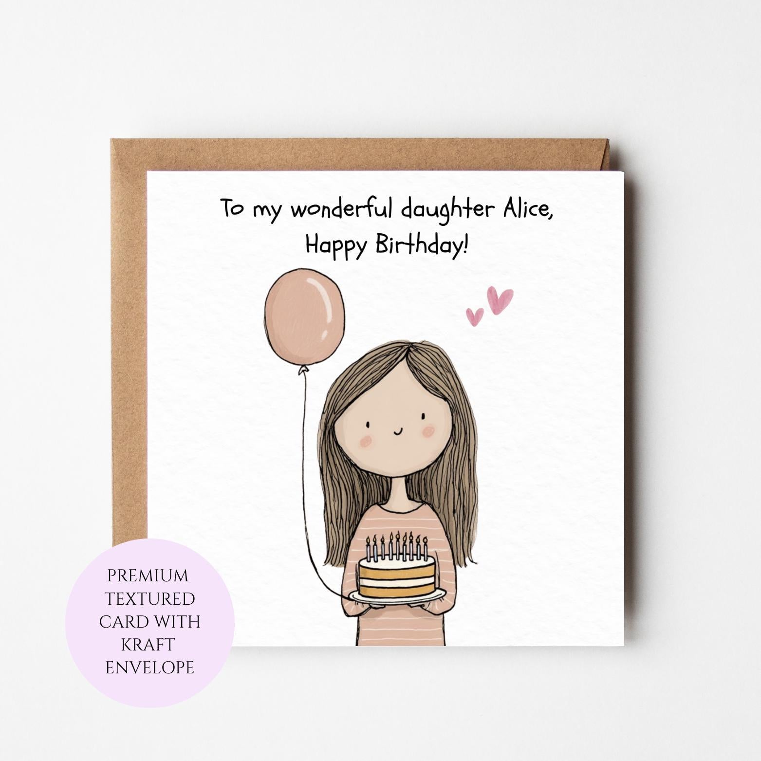 Daughter Birthday Card, Heartfelt Illustration, Textured Card, Kraft Envelope