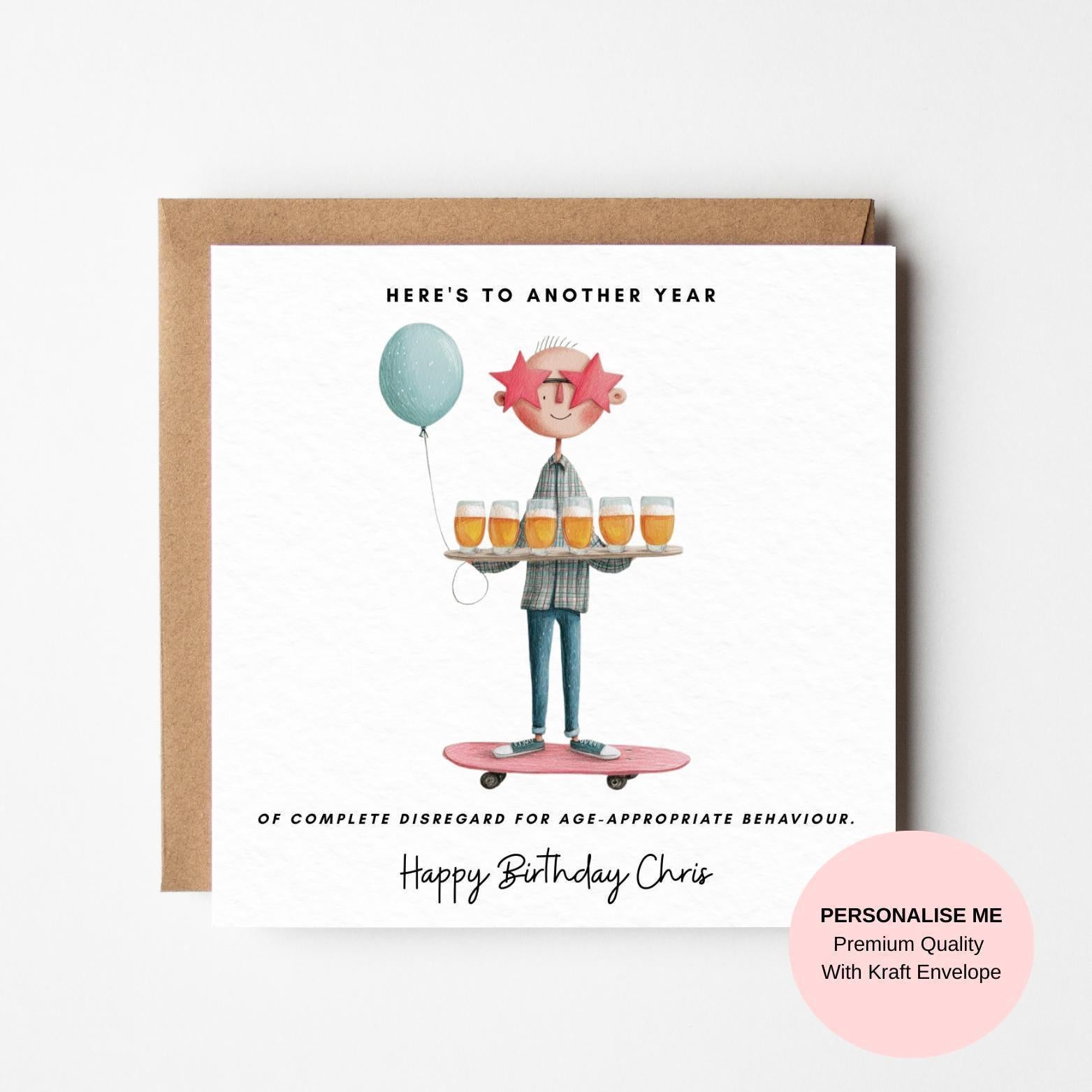 Funny Birthday Card for Him – Beer Balancing Illustration