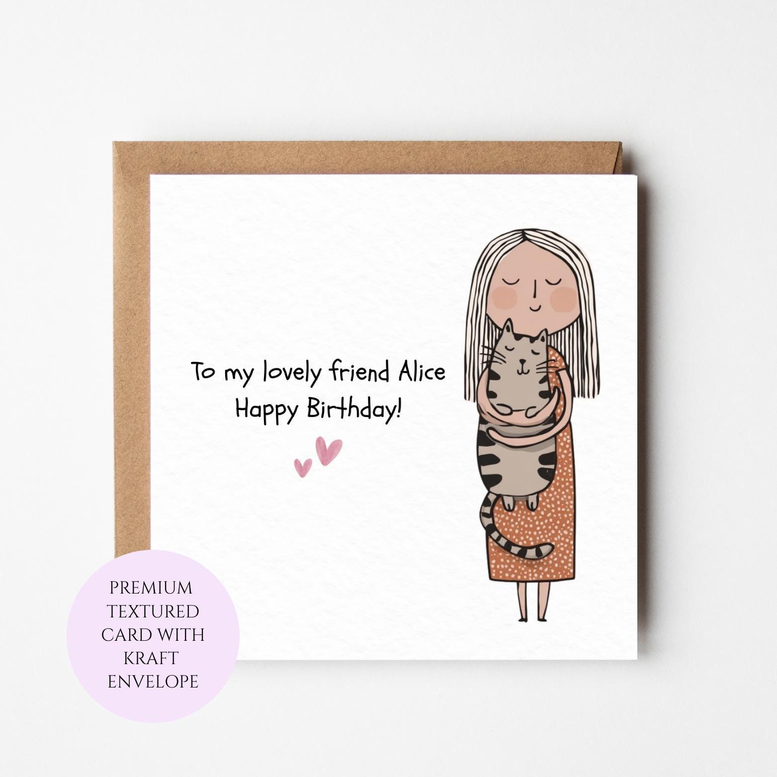 Cat Lover Birthday Card, Whimsical Illustration, Textured Card with Kraft Envelope