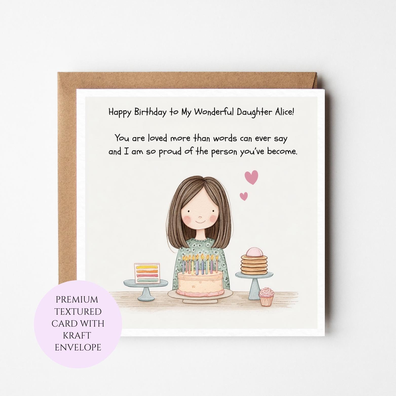 Daughter Birthday Card, Heartfelt Message, Textured Card, Kraft Envelope