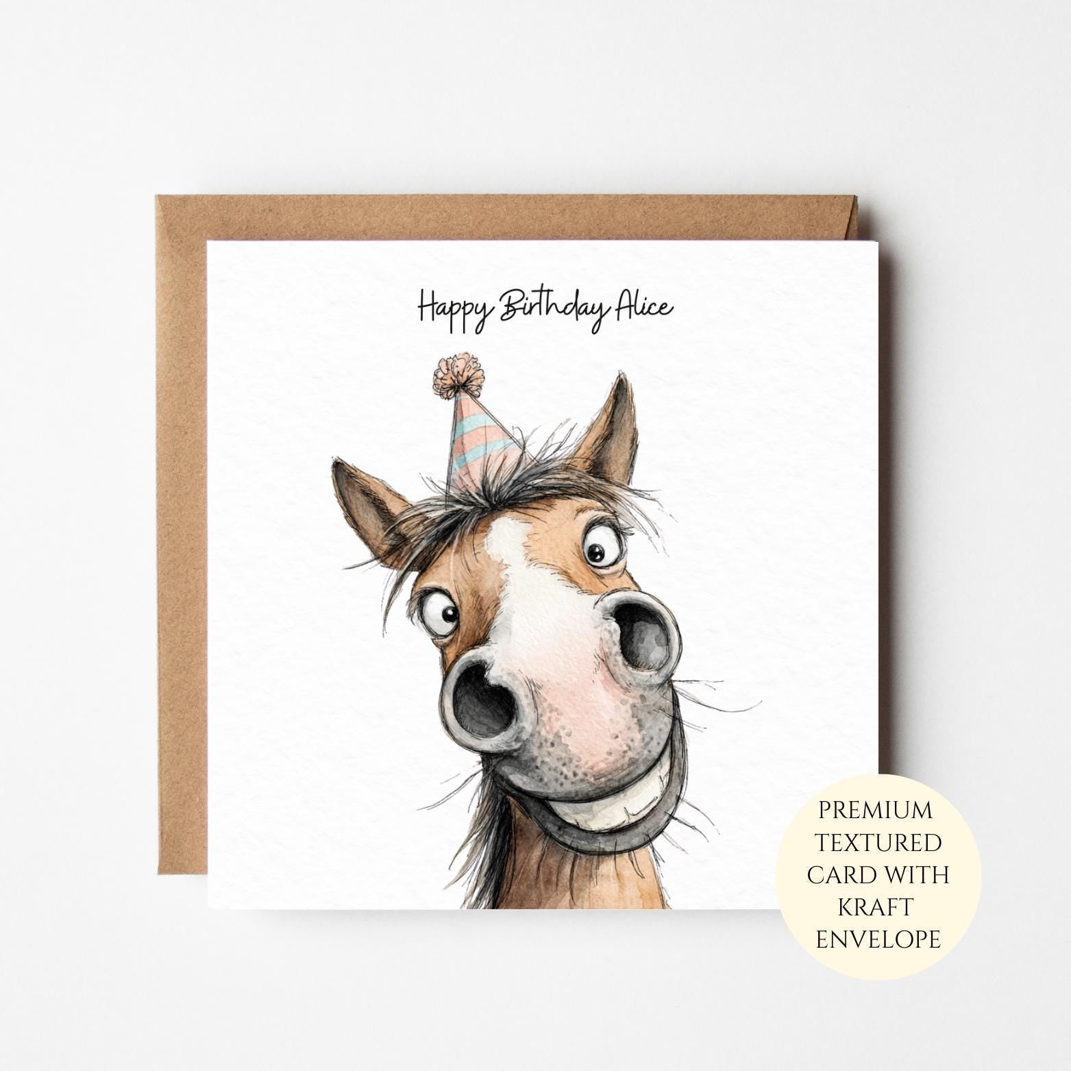 Personalised Funny Watercolour Horse Birthday Card for Her – Horse Lover Gift – Cute Pony Card for Friend