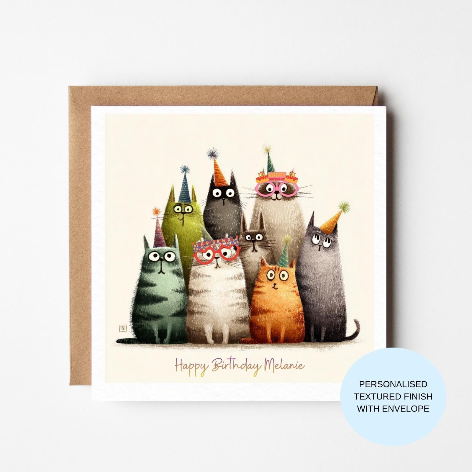 Personalised Cat Birthday Card | Group of Cats Illustration | Birthday Card for Her